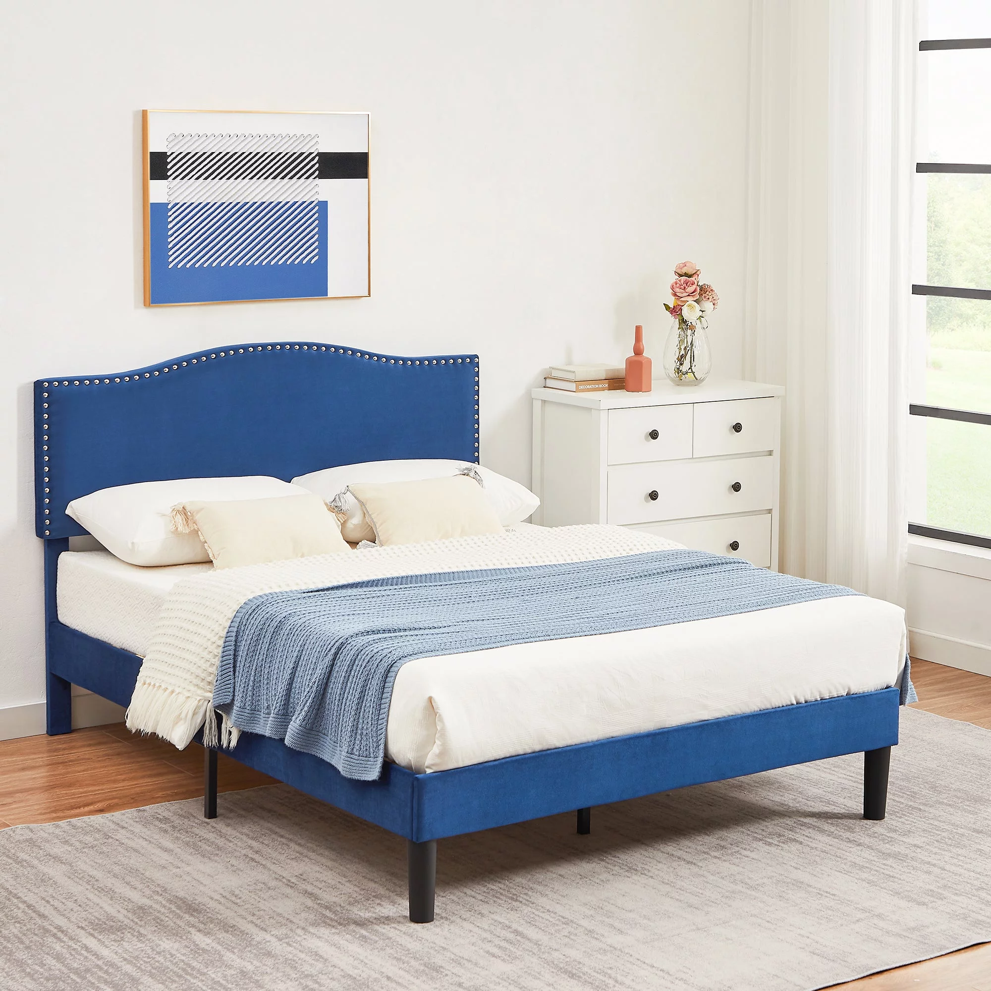 VECELO Queen Size Bed Frame, Upholstered Platform Bed with Adjustable Headboard, No Box Spring Needed, Dark Blue