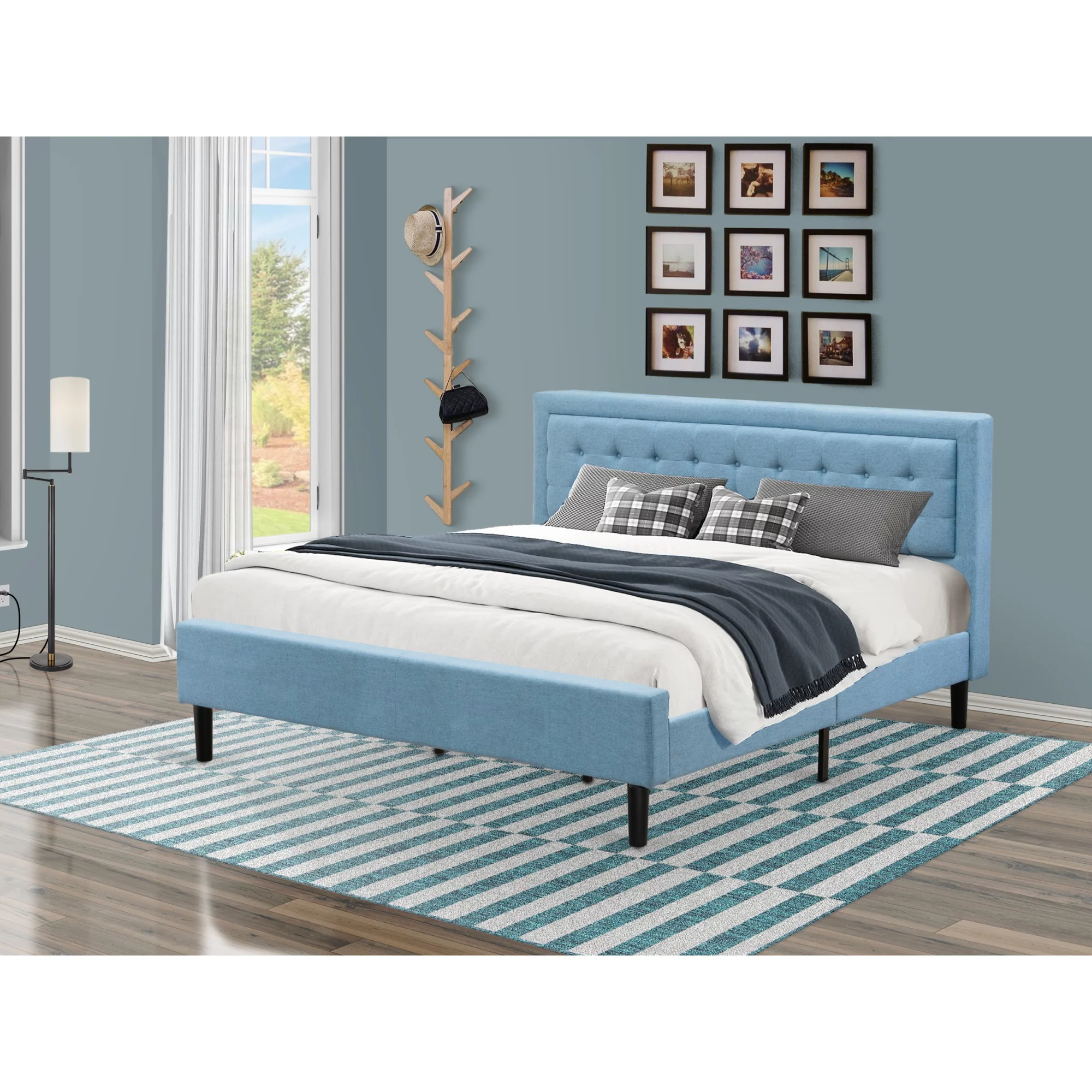 East West Furniture Fannin Wood and Linen Fabric King Size Bed in Denim Blue