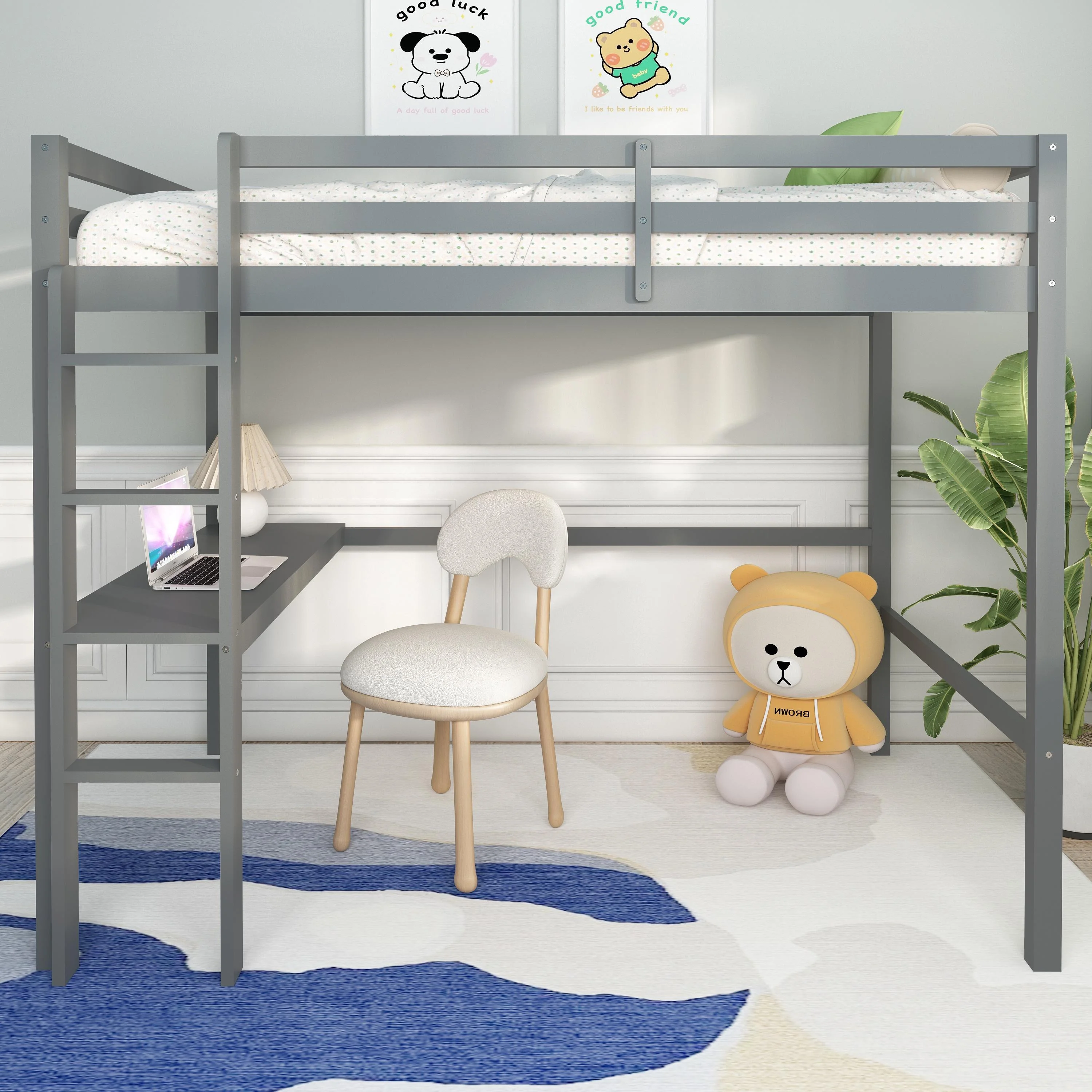 Wood Loft Bed with Desk, BTMWAY Twin Size Loft Bed Frame for Kids Room, Twin Loft Bed with Built-in Desk and Shelf, Wood Loft Bed Frame, Modern High Loft Bed, 200lbs Weight Capacity, Gray