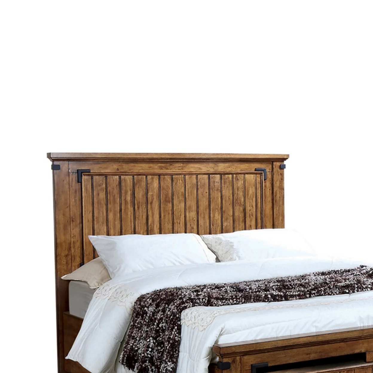 2 Drawers Full Size Bed with Plank Detailing and Metal Accents, Brown- Saltoro Sherpi