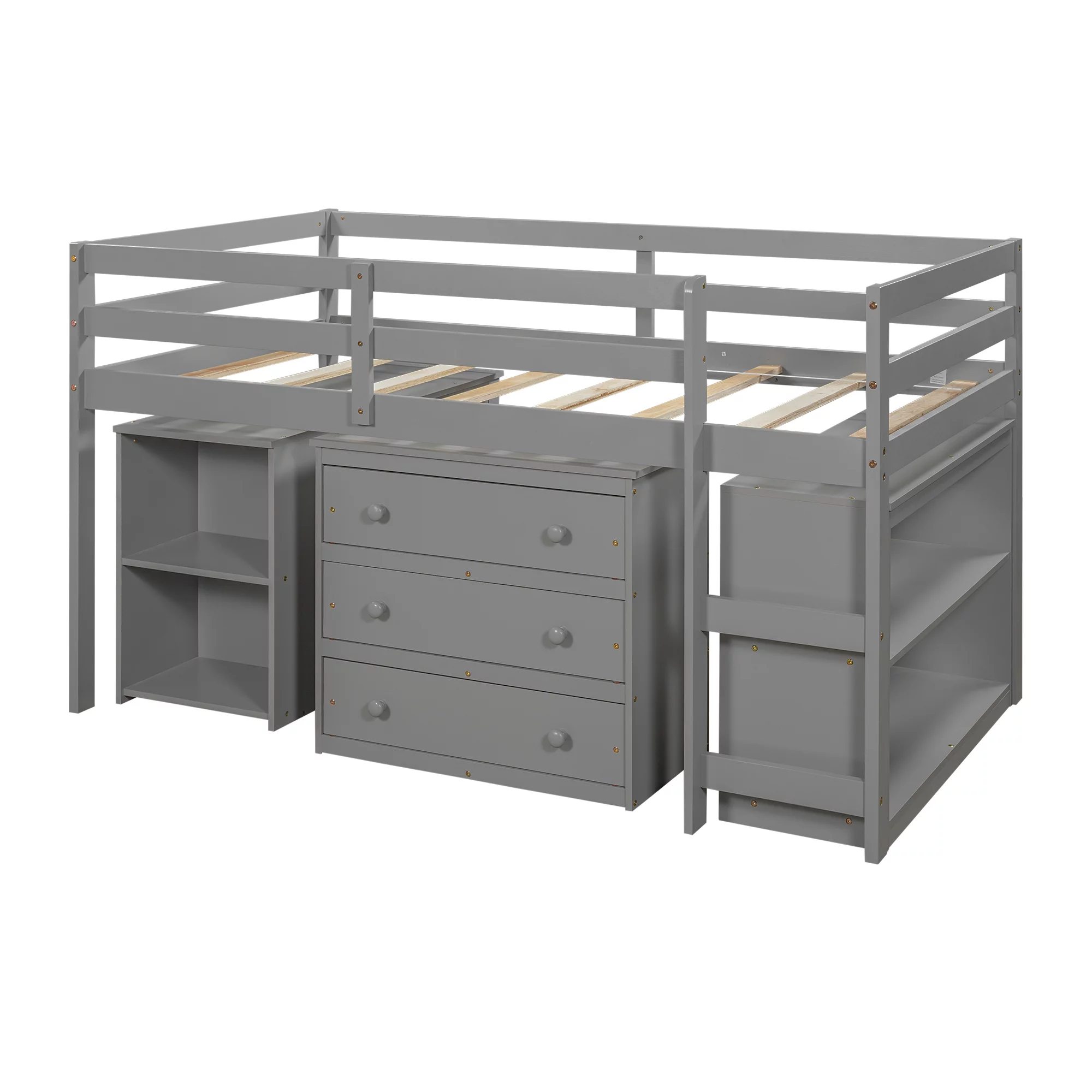 Loft Storage Bed with Spacious Storage Shelves Cabinet and Rolling Portable Desk Multiple Finishes