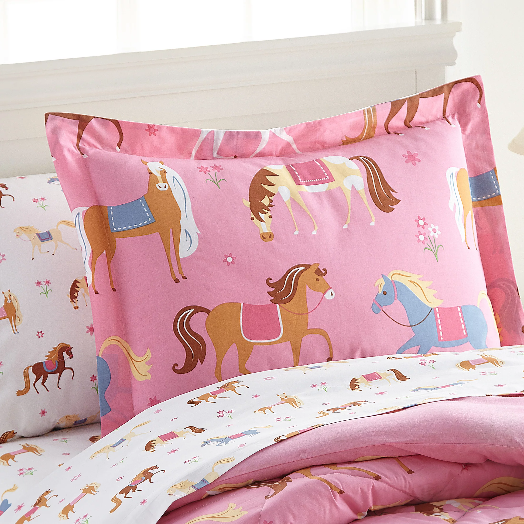 Wildkin Kids 5 Pc Twin Cotton Bed in a Bag for Boys & Girls (Horses Pink)