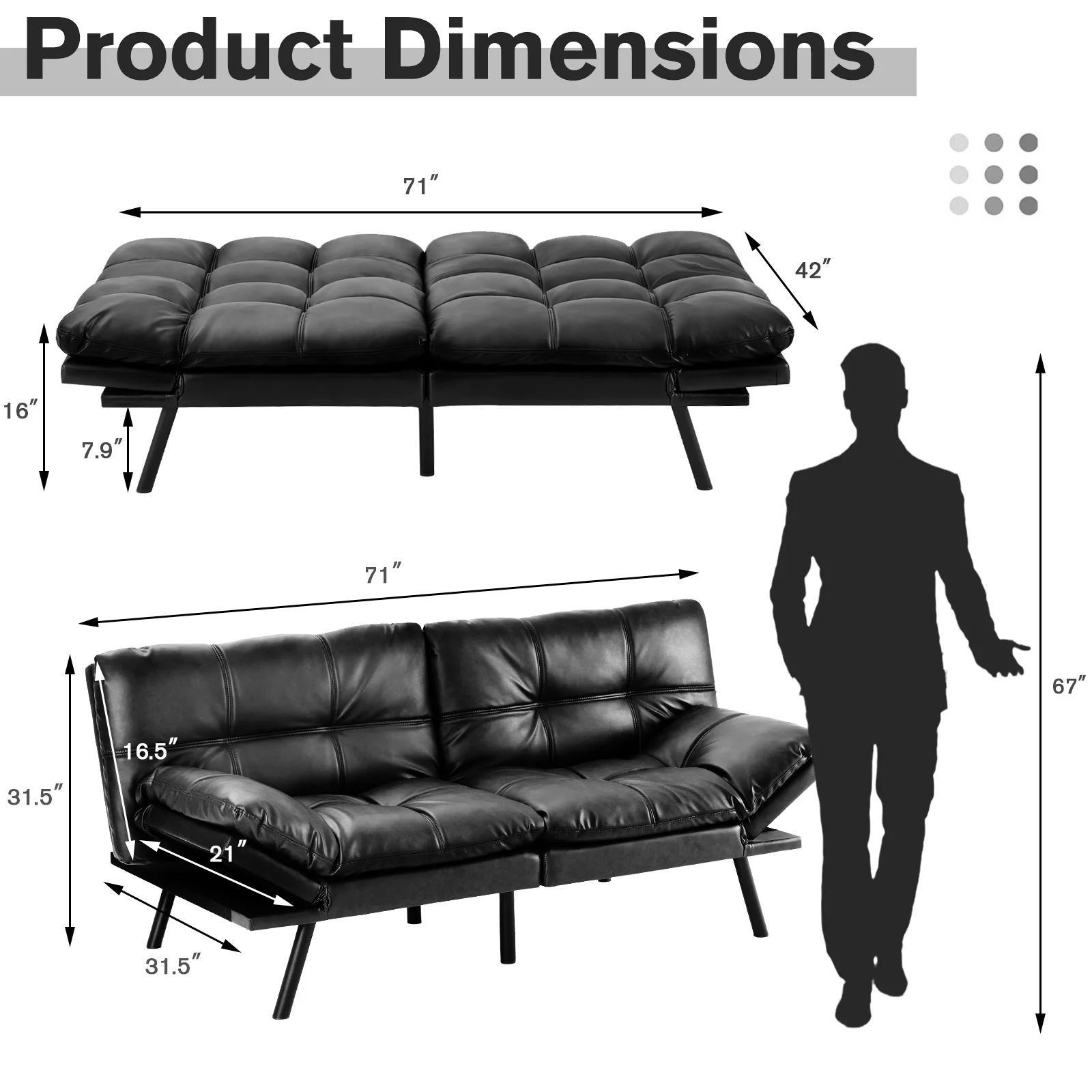 Qulable Futon Sofa Bed, Sleeper Convertible Futon Couch, Memory Foam Couch Convertible Loveseat for Living Room, Adjustable Backrest, Mutifunctional Convertible Futon Couch, Black