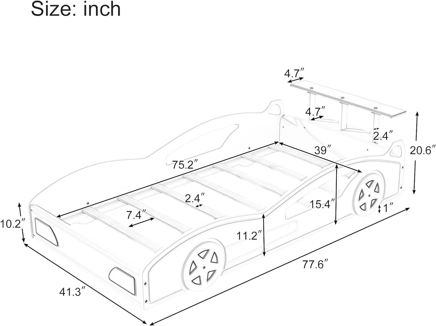 Size Race Car Bed Kids Car Bed, Car-Shaped Platform Bed With Wheels, Kids Bed For Kids, Girls, Boys (White)