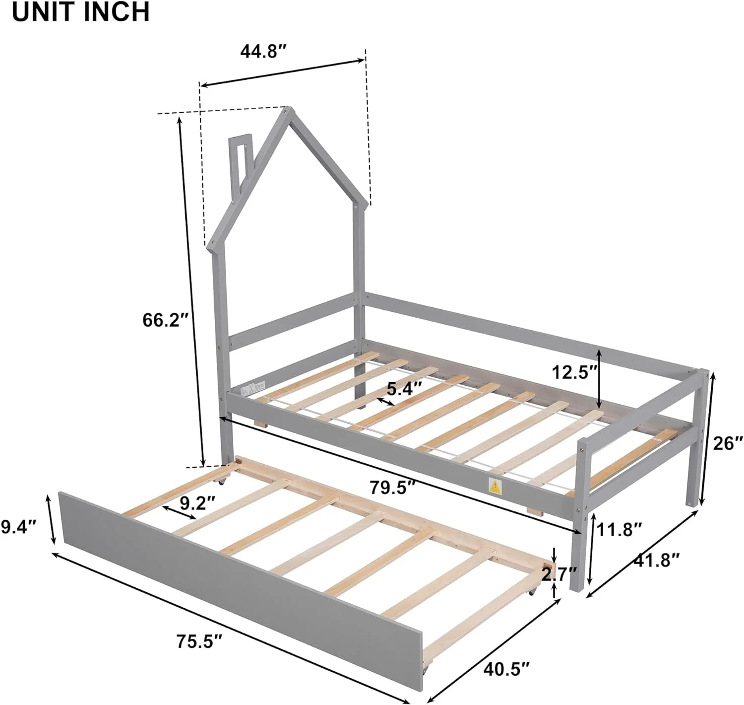 House Bed For Kids With House-Shaped Headboard, Wood Size Platform Bed With Trundle,Cute Daybed Frame For Boys Girls, Grey
