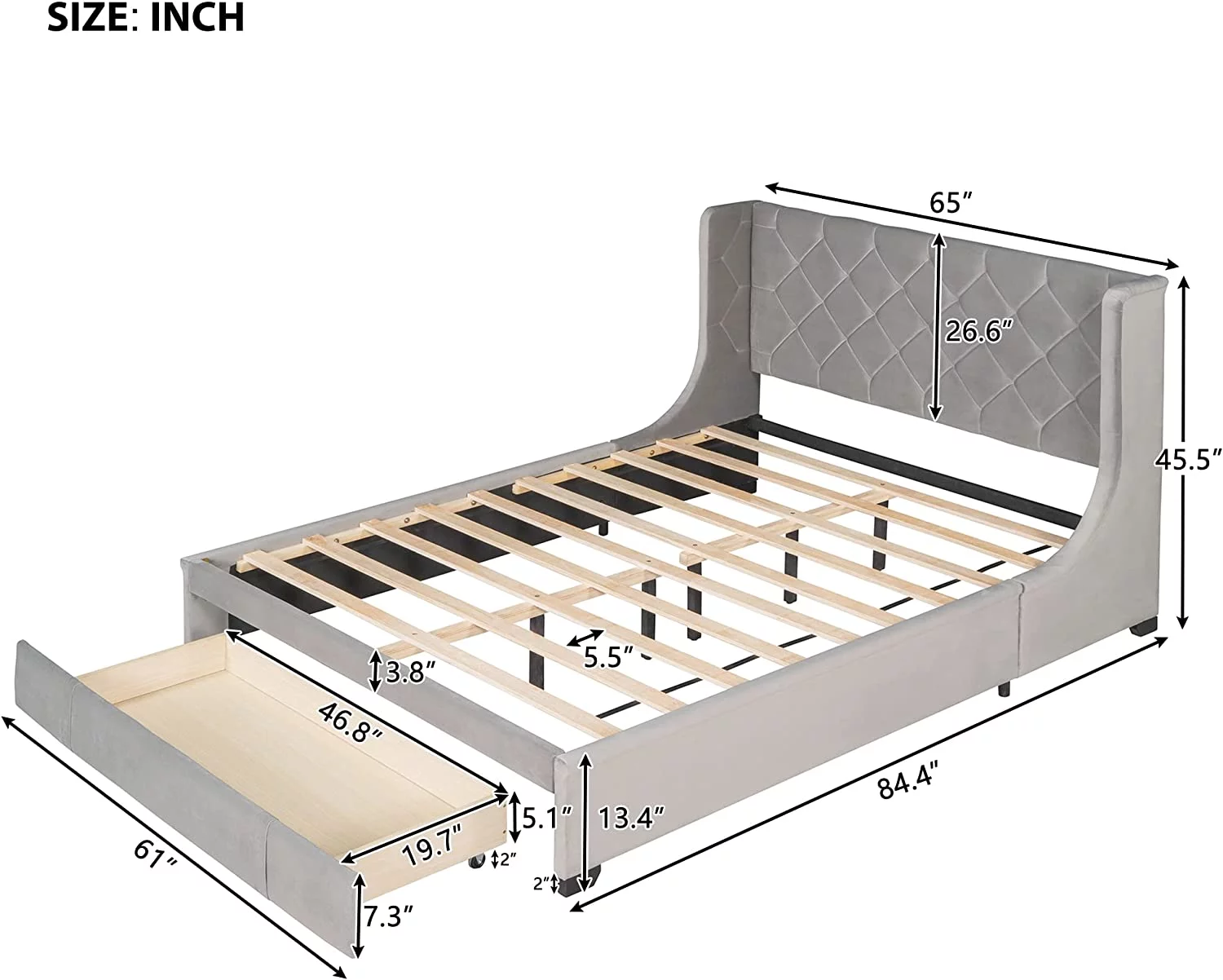 AngLink Queen Size Velvet Upholstered Platform Bed with a Big Drawer, Queen Storage Bed with Wingback Headboard for Bedroom Guestroom, No Box Spring Needed, Gray