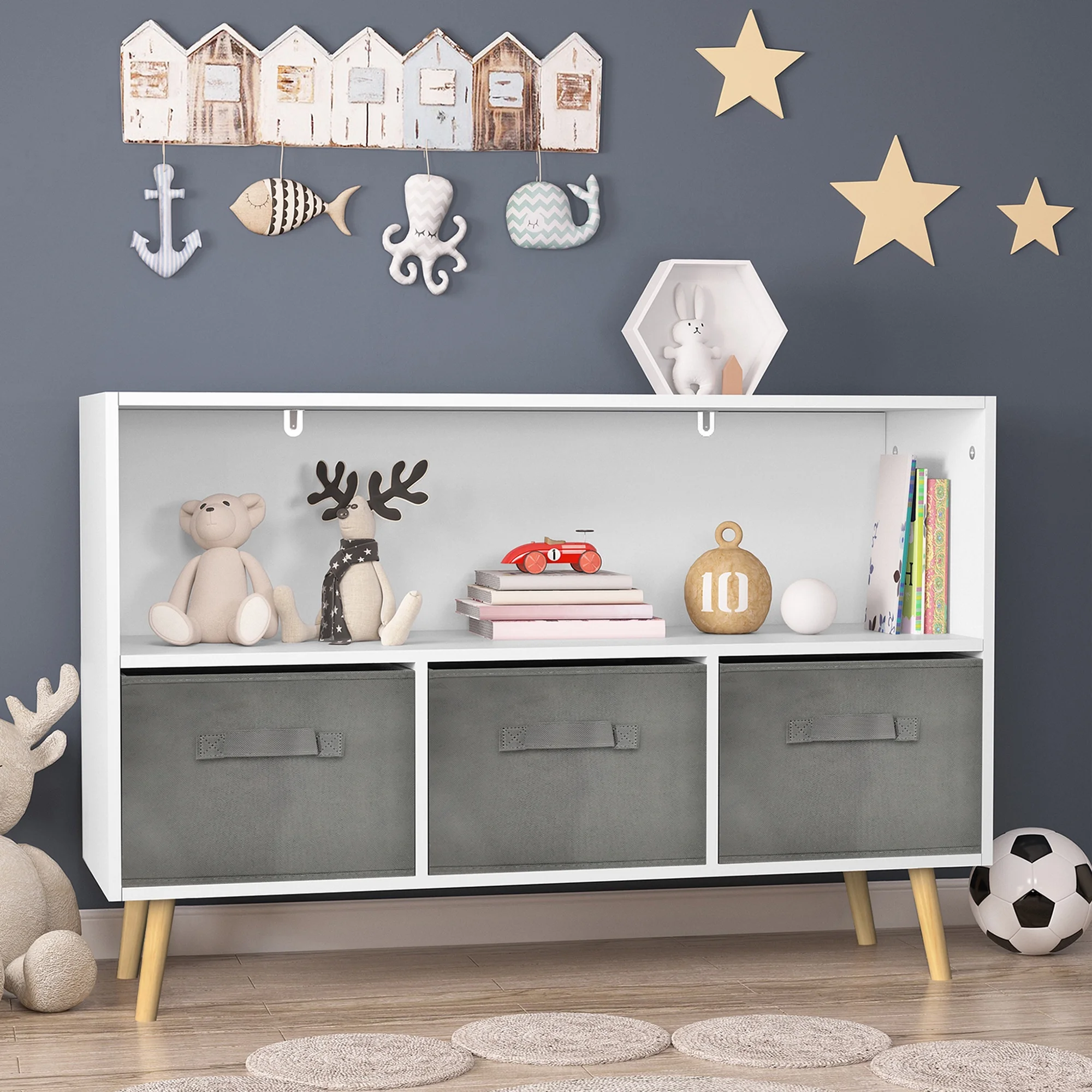 UHOMEPRO Kids Bookshelf and Storage, 2 Shelf Bookcase with Collapsible Fabric Drawers, Toy Chest Kid Furniture for Room Clearance, Gifts for Children, White/Gray