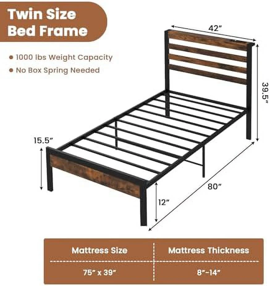 xrboomlife Queen Metal Bed Frame with Charging Station  Industrial Platform Bed with  Headboard  Heavy-Duty Mattress Foundation  Easy Assembly  No Box Spring Needed  Rustic Brown