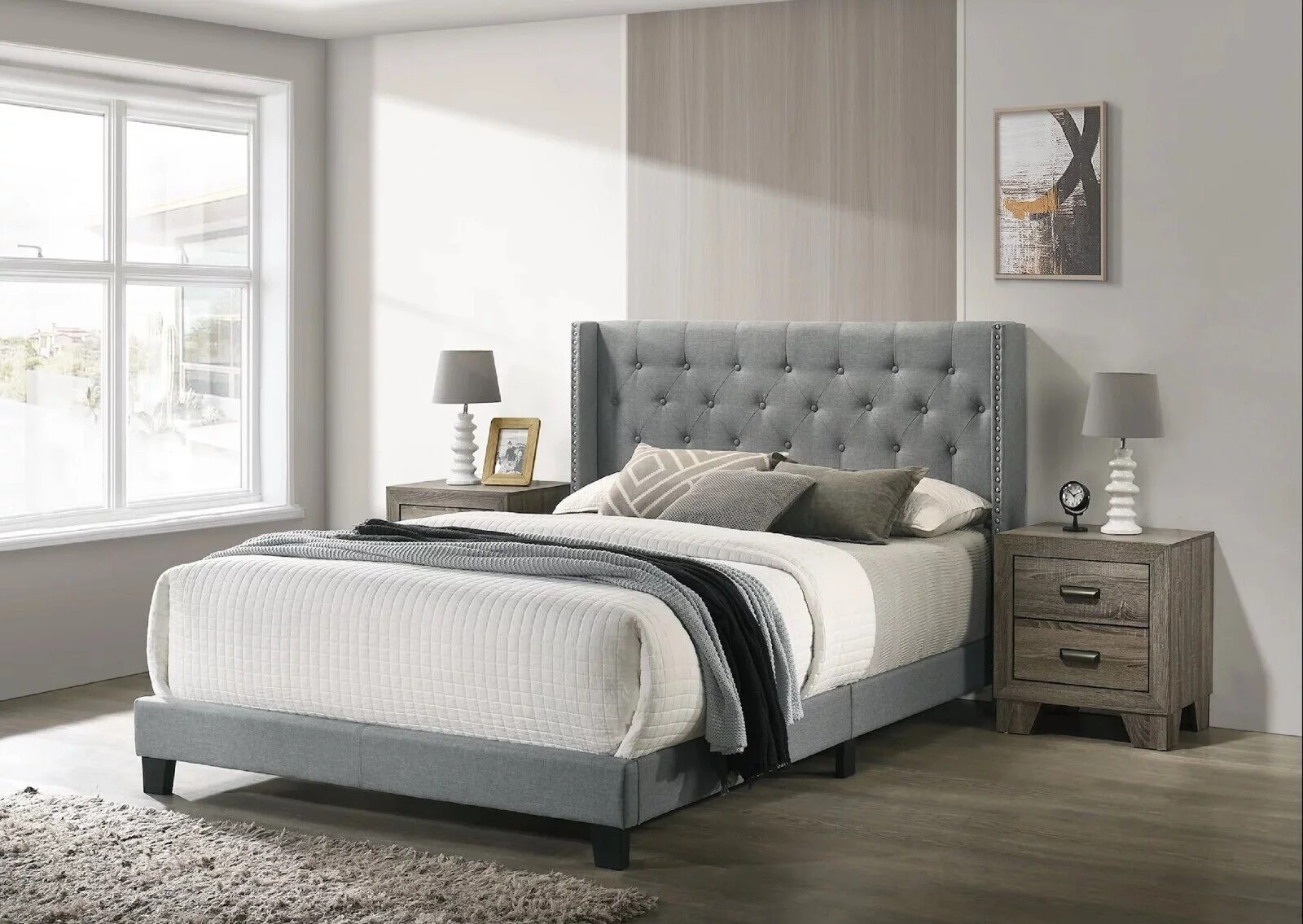 3pc Gray Full Size Fabric Upholstered Panel Bed 2x Nightstand Set Bedroom Furniture