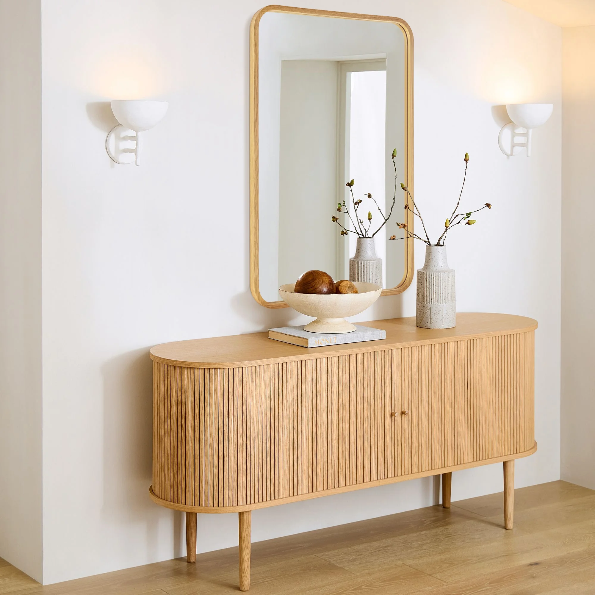 EGHOME Natural Oak Wood Mirror Solid Wood Framed Rounded Rectangle Bathroom Mirror Oak Wood Frame Vanity Mirror 24x36''