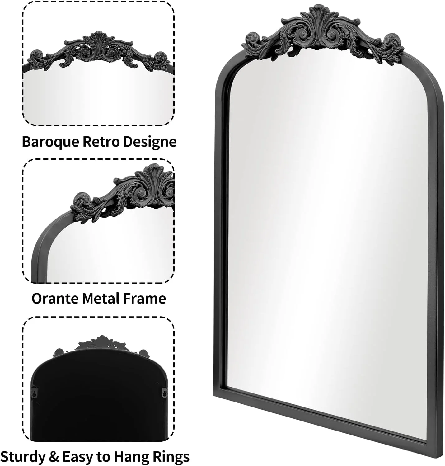 Arendahl Traditional  Arched Wall Mirror, Carved Elegant Mantel Farmhouse Bathroom Mirror with Antique Ornate Frame, Baroque Inspired Home Decor for Vanity Bedroom Entryway