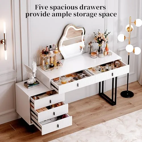 RUNFAYBIU Grey Large Vanity Desk with 3 Color Touch Screen Dimming Mirror  Modern Retractable  Dressing Table with Adjustable Cabinet and 5 Sliding Drawers Vanity Table Set Writing Desk