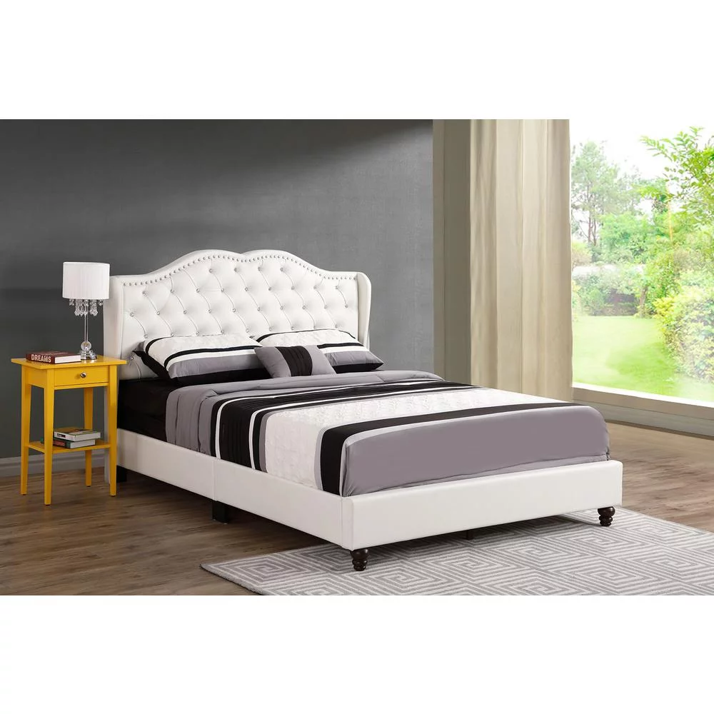 Passion Furniture  Joy Jeweled Tufted Panel Bed, White - King Size