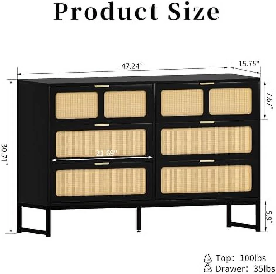 HBBOOMLIFE 6 Drawer Rattan Dresser Modern Dresser with Rattan Drawers Farmhouse Wood Chest of Drawers for Bedroom Closet Living Room Entryway