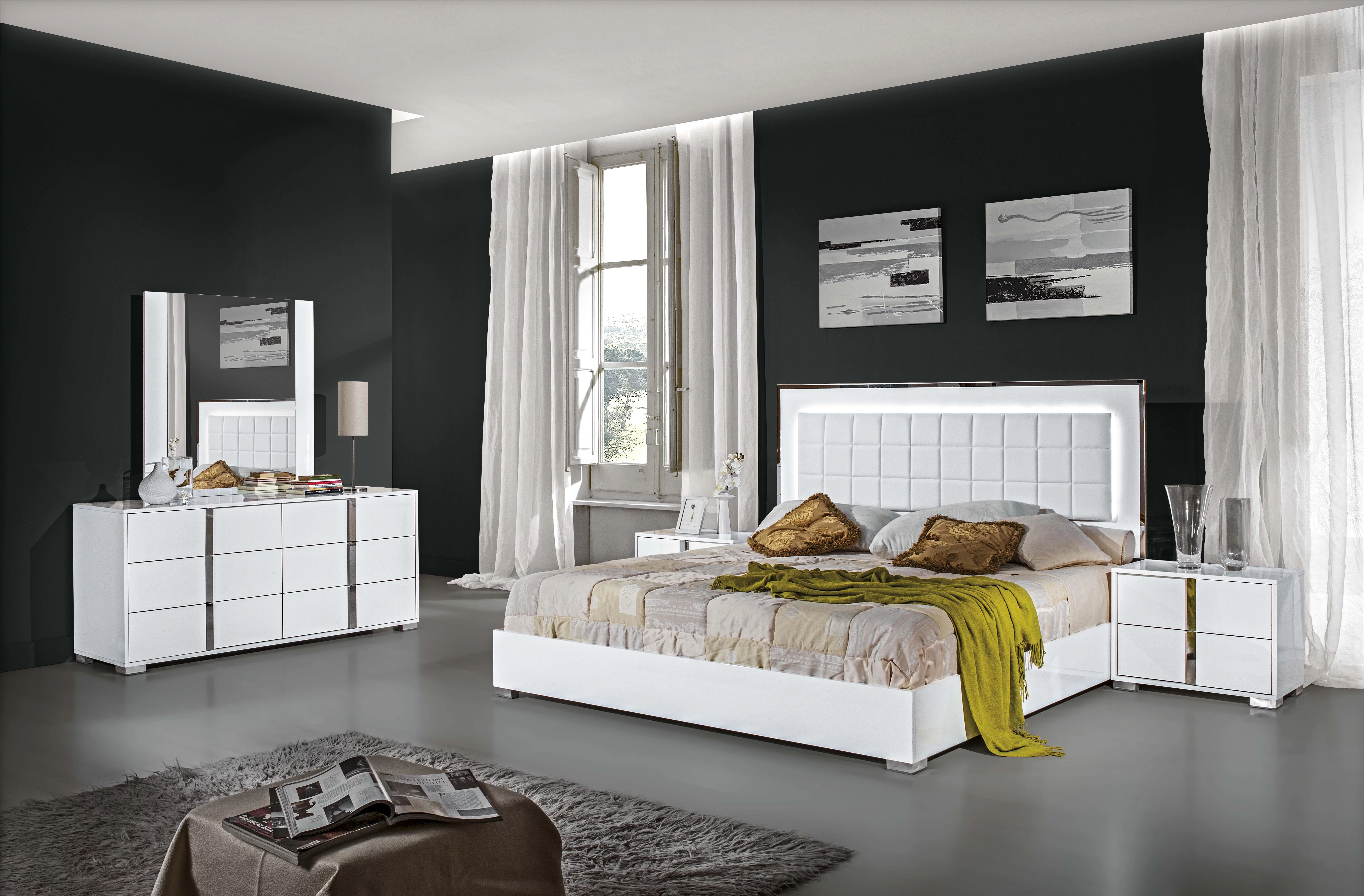 J&M Furniture Alice Bedroom Collection in White High Gloss with 6 piece king bed, chest, dresser, mirror and 2 nightstand, king bedroom set