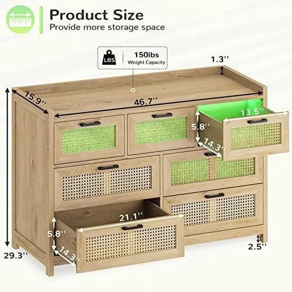 Rattan Drawer Dresser for Bedroom with LED Lights  Dressers & Chests of Drawers  Wooden Closet  Cabinet with Metal Handles   Dresser for Bedroom  Closet  Hallway  6 Drawers