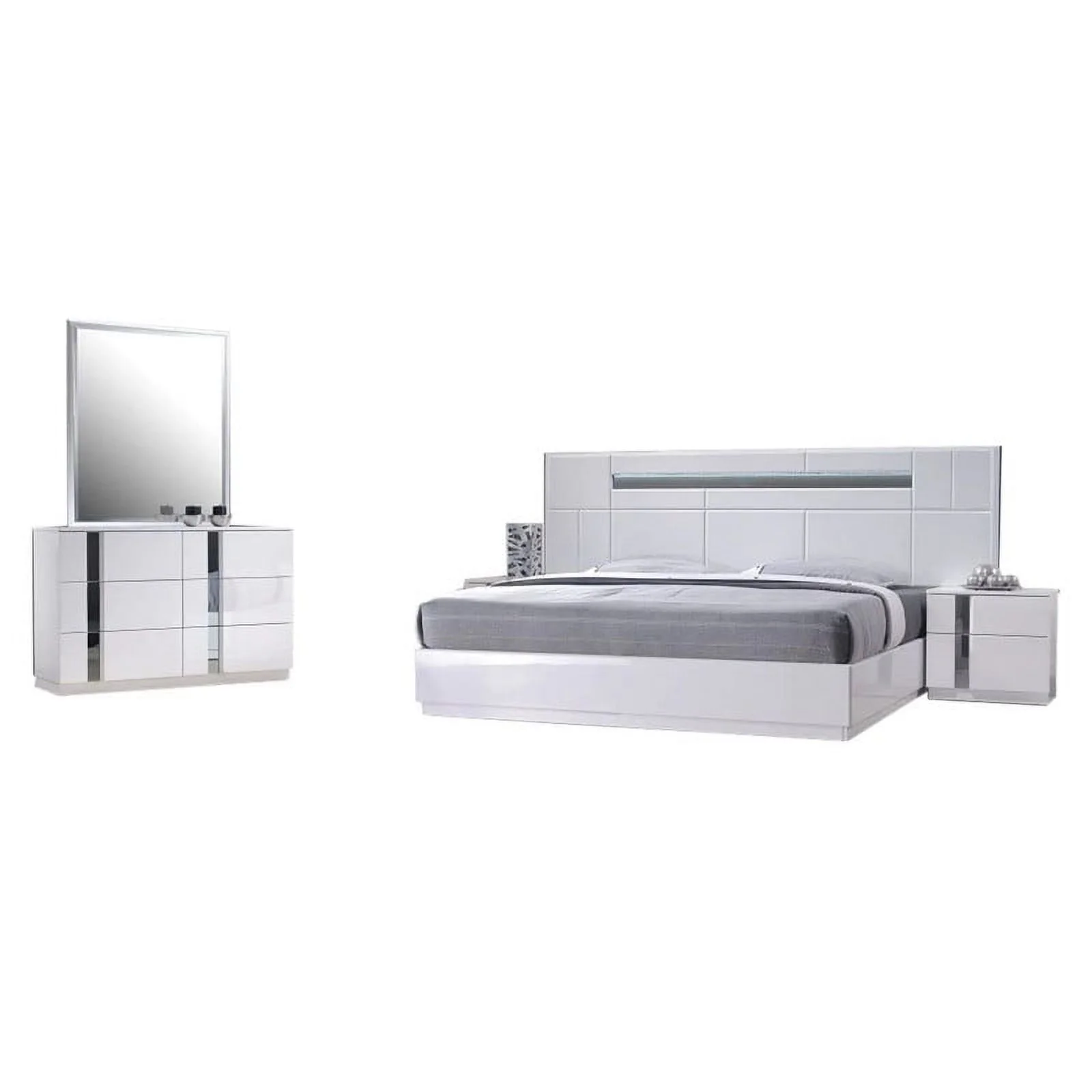 Palermo Modern Bedroom Set, White Lacquer, 5-Piece Set, Queen Size