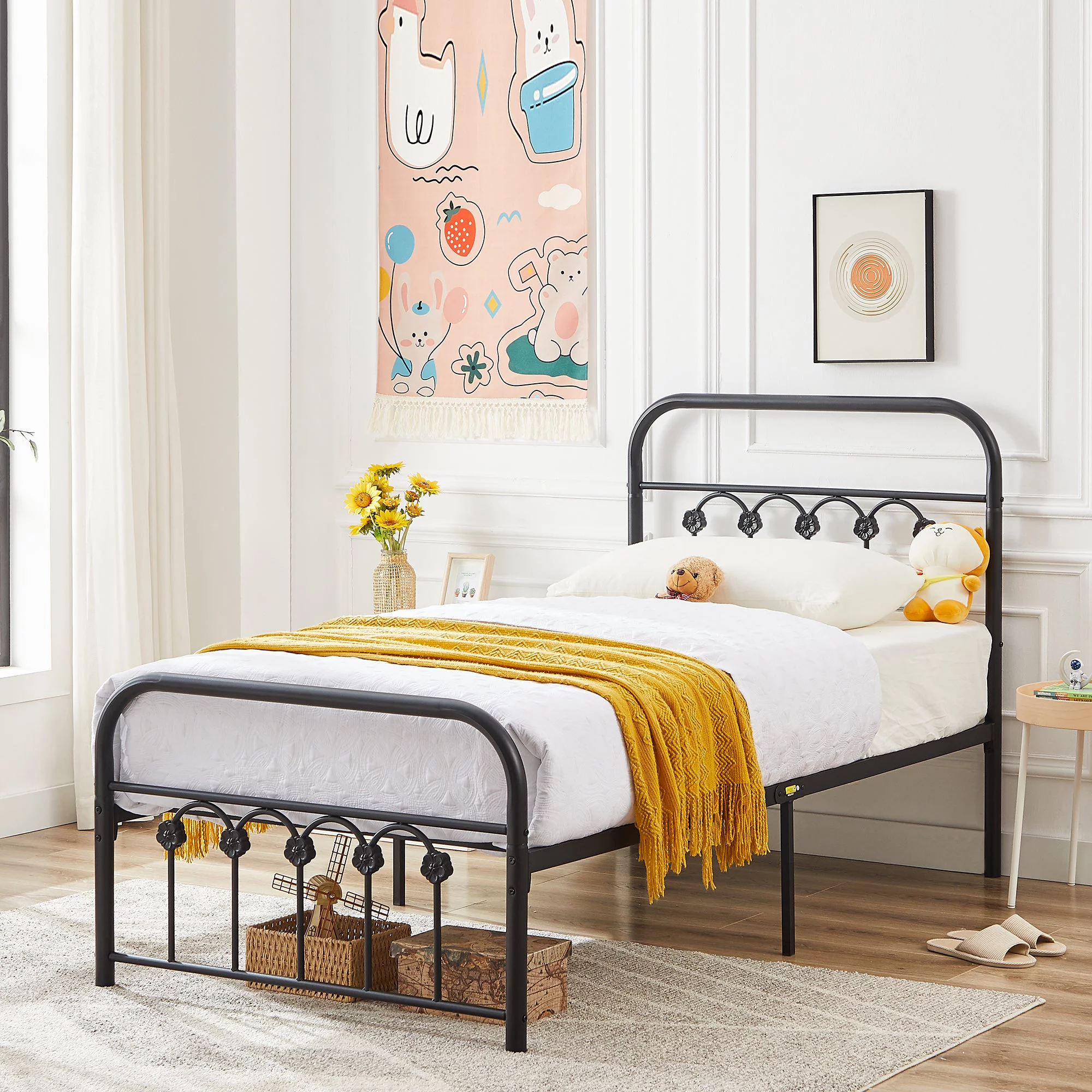 VECELO Twin Size Metal Bed Frame with Headboard and Footboard, Mattress Foundation/Metal Slat Support, No Box Spring Needed, Black