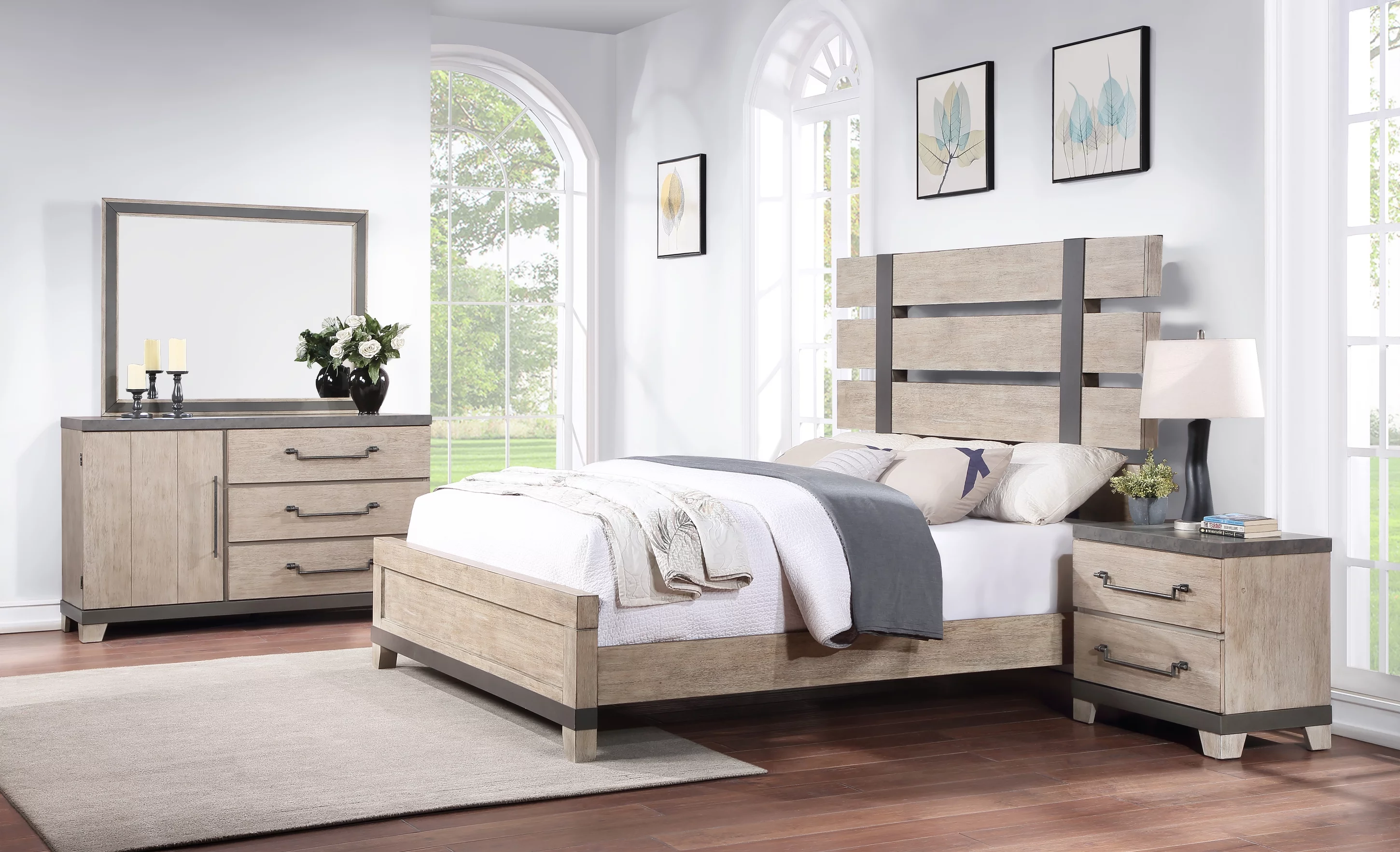 Arbela Wood Slatted Panel Bed with Dresser, Mirror, and Nightstand, Queen, Weathered Oak Finish