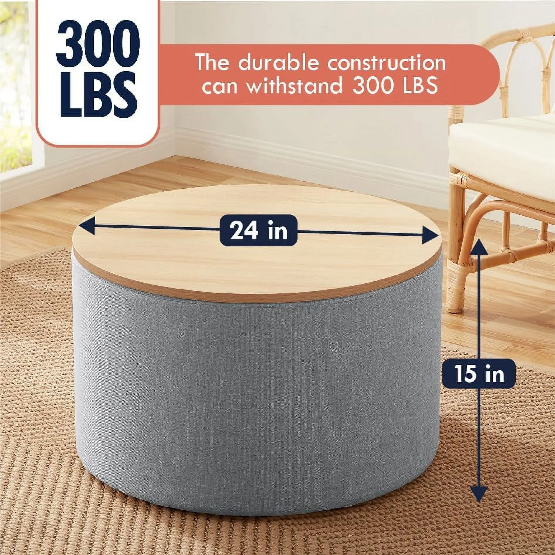 Ornavo Home Parker Large Round Storage Coffee Table Ottoman with Wooden Lift Off Lid, Ottoman with Storage for Living Room, Bedroom and Office, Linen Gray