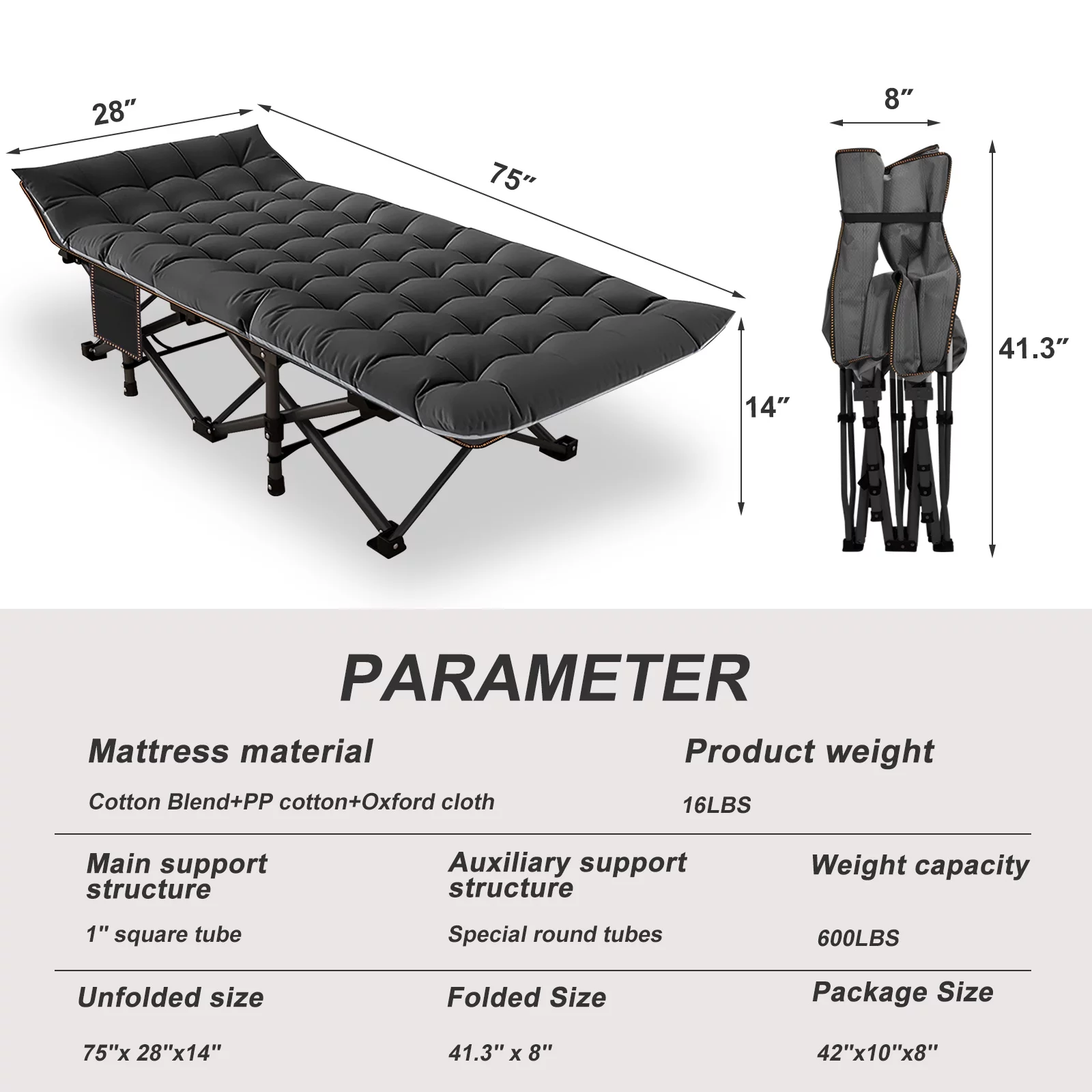 NAIZEA Folding Camping Bed for Adult, Heavy Duty Sleeping Cot Guest Bed, Camping Cots with Mattress and Carry Bag