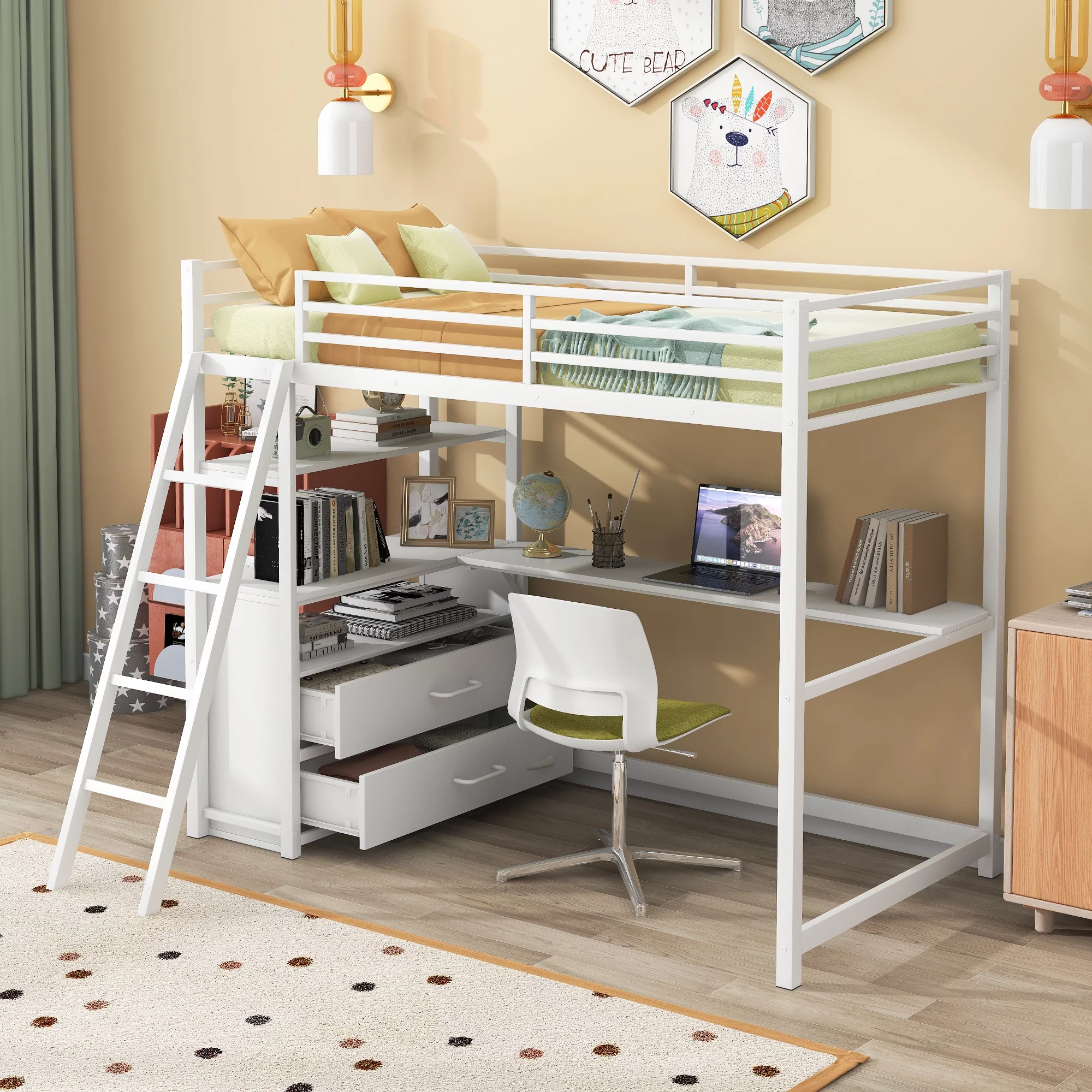 Nestfair White Twin Size Metal Loft Bed with Desk, Shelves and 2 Drawers