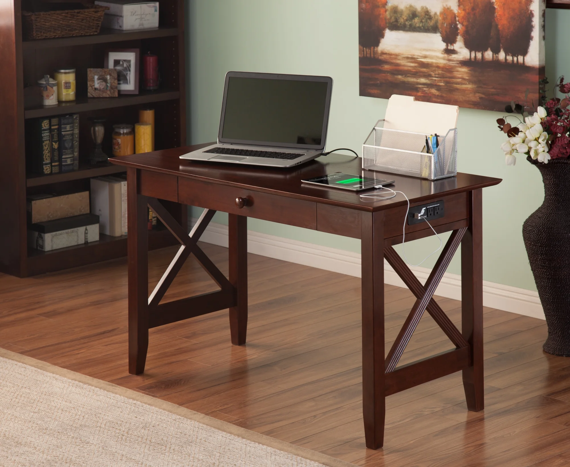 Lexi Desk with Drawer and Charging Station in Walnut