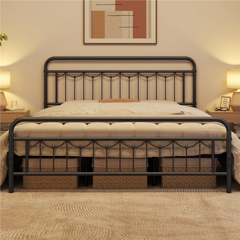 Smile Mart Metal Platform Bed with Vintage Headboard and Footboard, California King Size, Black