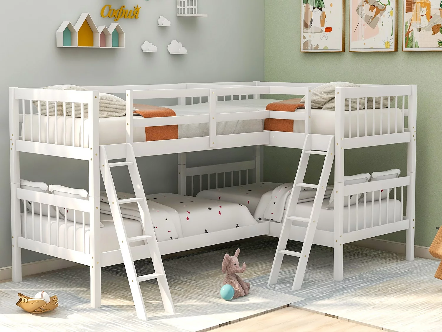 L-Shaped Twin Bunk Bed Twin Over Twin Bunk Bed with Ladder No Box Spring Needed