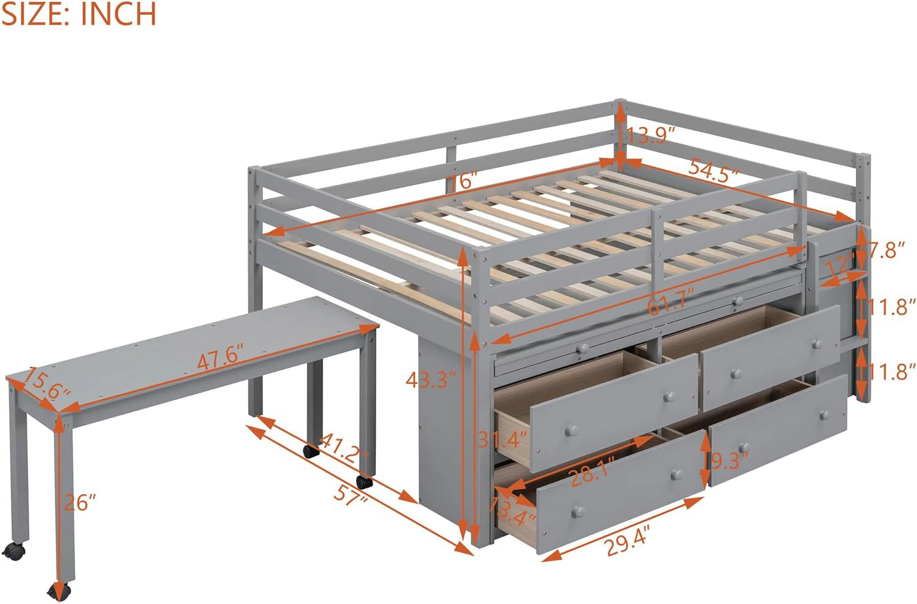 Full Size Loft Bed with Retractable Writing Desk and 4 Drawers, Wooden Loft Bed with Lateral Portable Desk and Shelves
