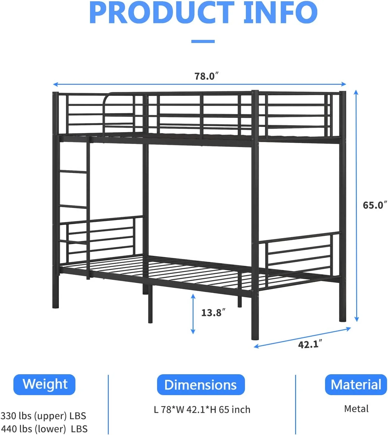 Metal Bunk Bed Twin Over Twin  Twin Bunk Beds with Removable Ladder and Safety Guard Rail  13.8\u201D Under Bed Storage Space  No Box Spring Needed  Easy to Climb  Industrial Style(Black)