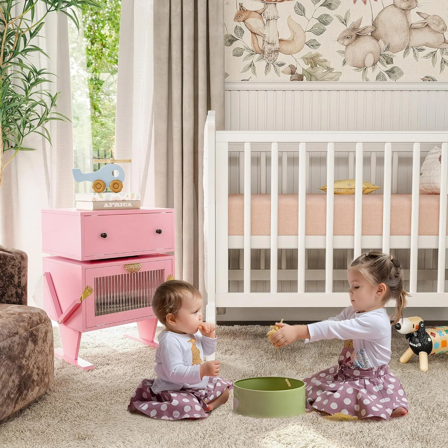 CozyHom Nightstand with LED Light Strips, Modern End Table with 360° Rotating Drawer, Bedside Table with Glass Door Storage, Wood Night Stand Cabinet for Living Room, Bedroom, Nursery, Pink