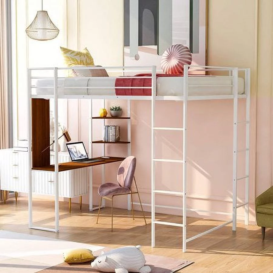 Churanty Space-Saving Full Size Metal Loft Bed with 2 Shelves and 1 Desk, Two Build-in Ladders and Guardrails, No Box Spring Needed (White)
