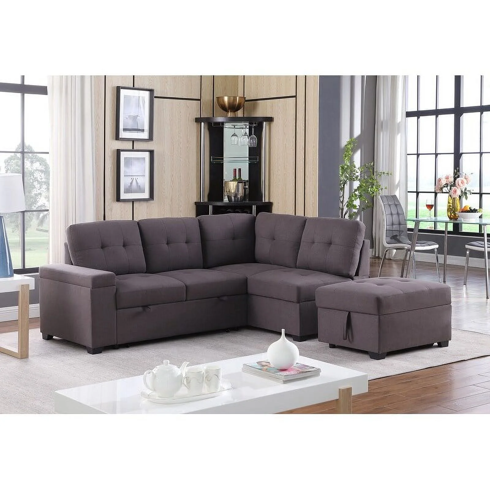 Katie Brown Linen Sleeper Sectional Sofa with Storage Ottoman, Storage Arm