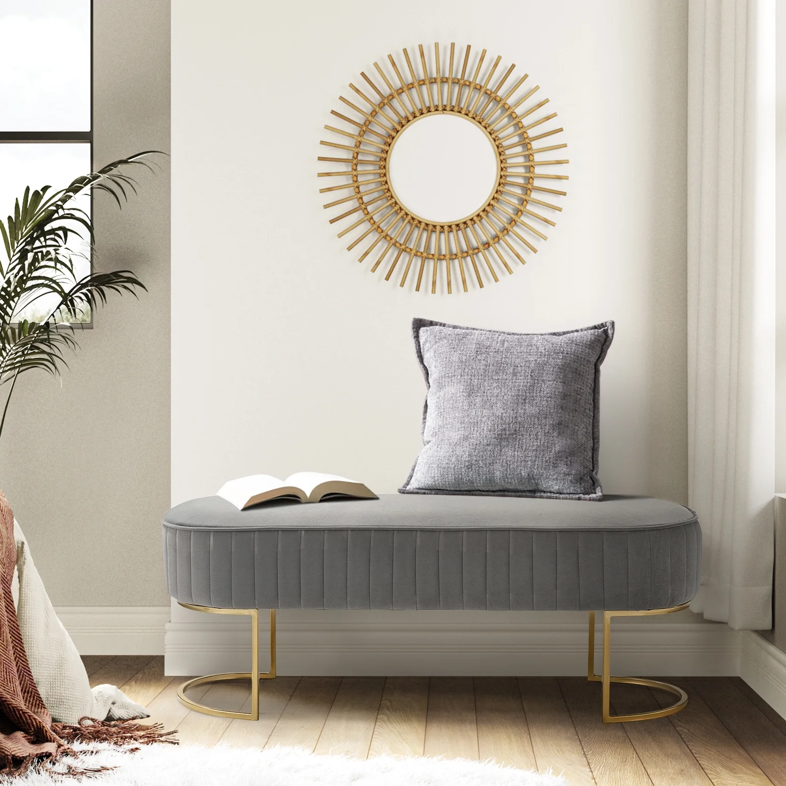 Velvet Upholstered Entryway Bench Bed Foot Stool with Horseshoe-shaped Metal Base Bedroom Grey