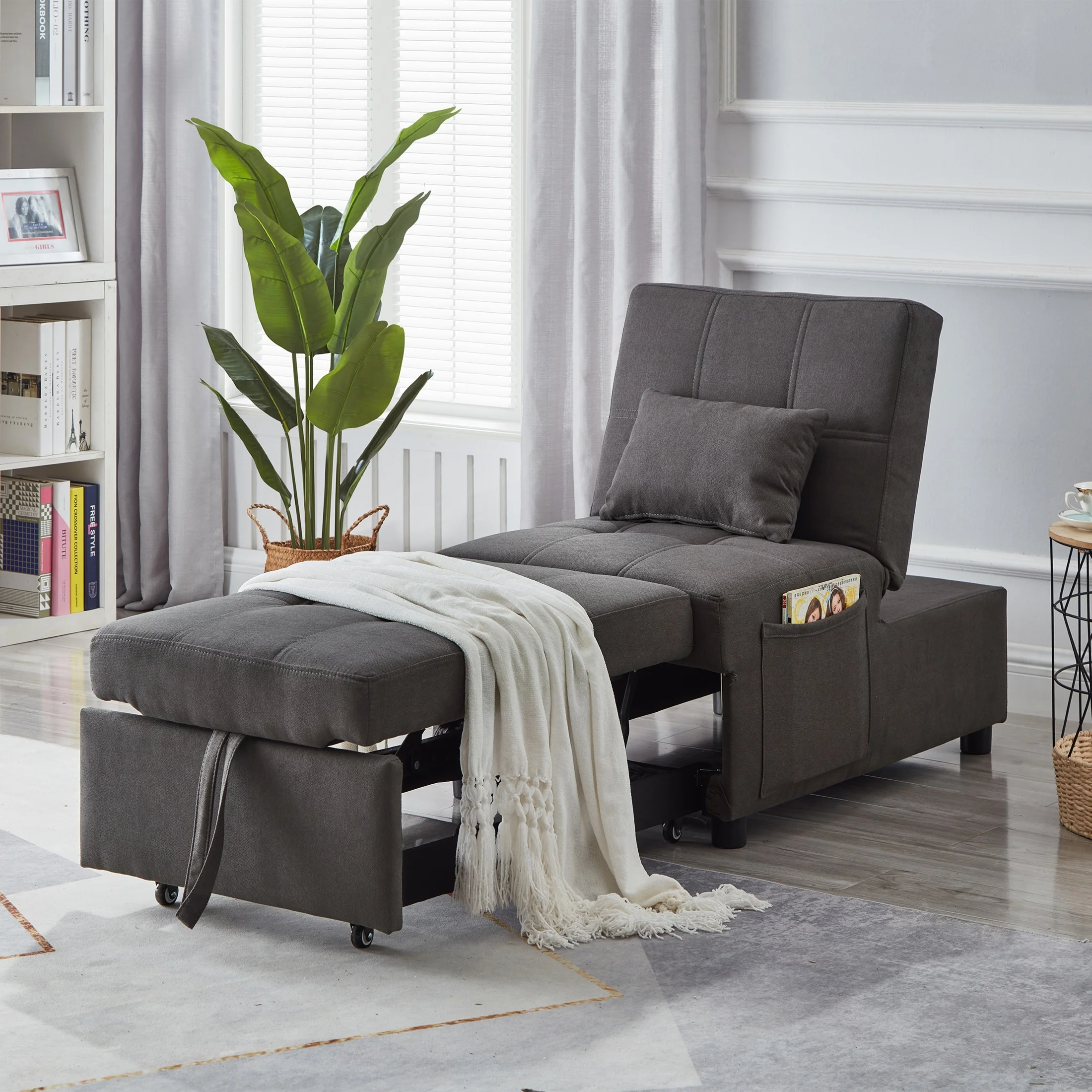 Noodeniya Pull Out Sofa Chair Bed, Convertible Sleeper Chair with Linen Fabric, Single Chair Bed for Living Room, Gray