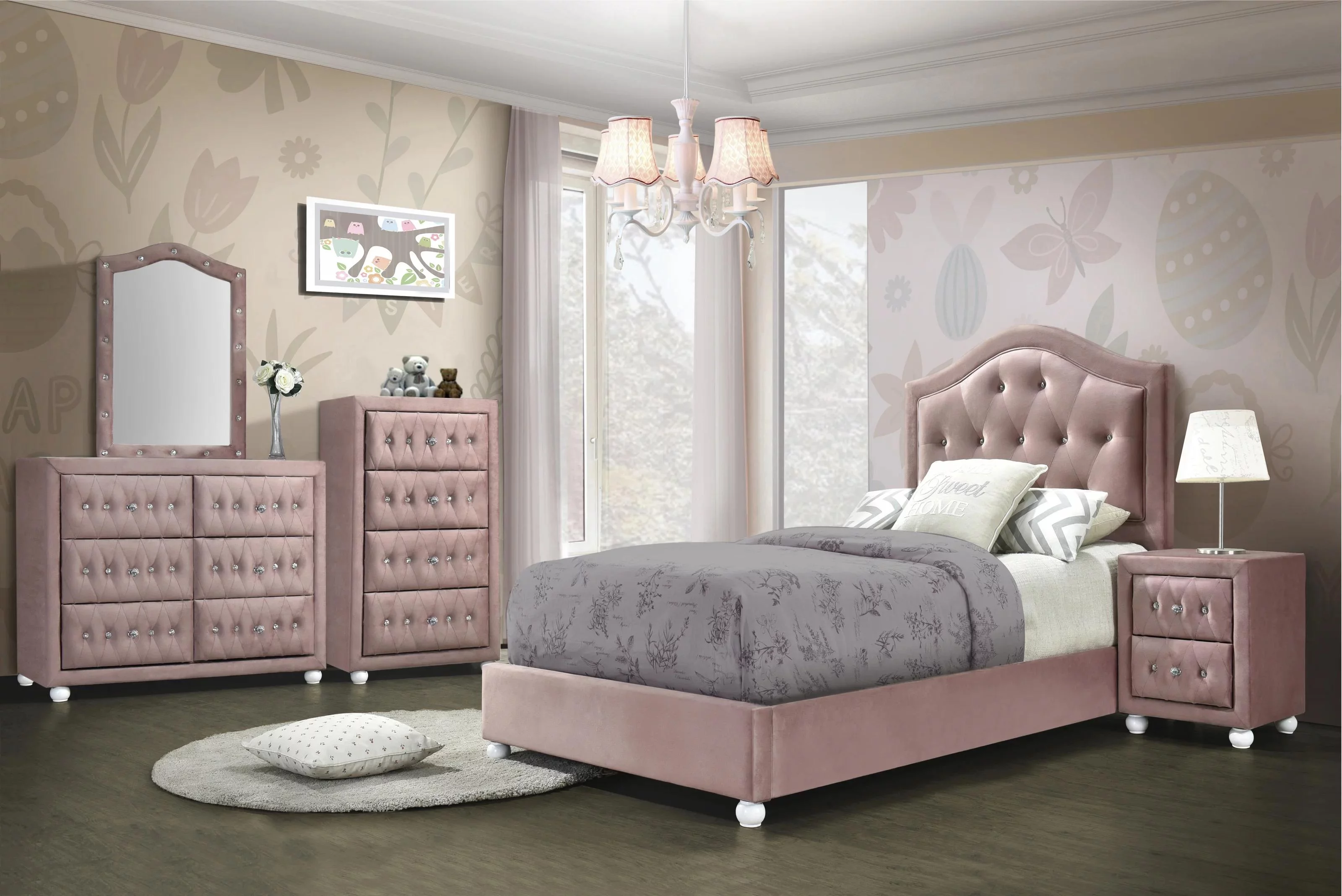 Modern & Classic Pink Fabric Twin Bedroom Set by Acme Reggie 30820T-5pcs