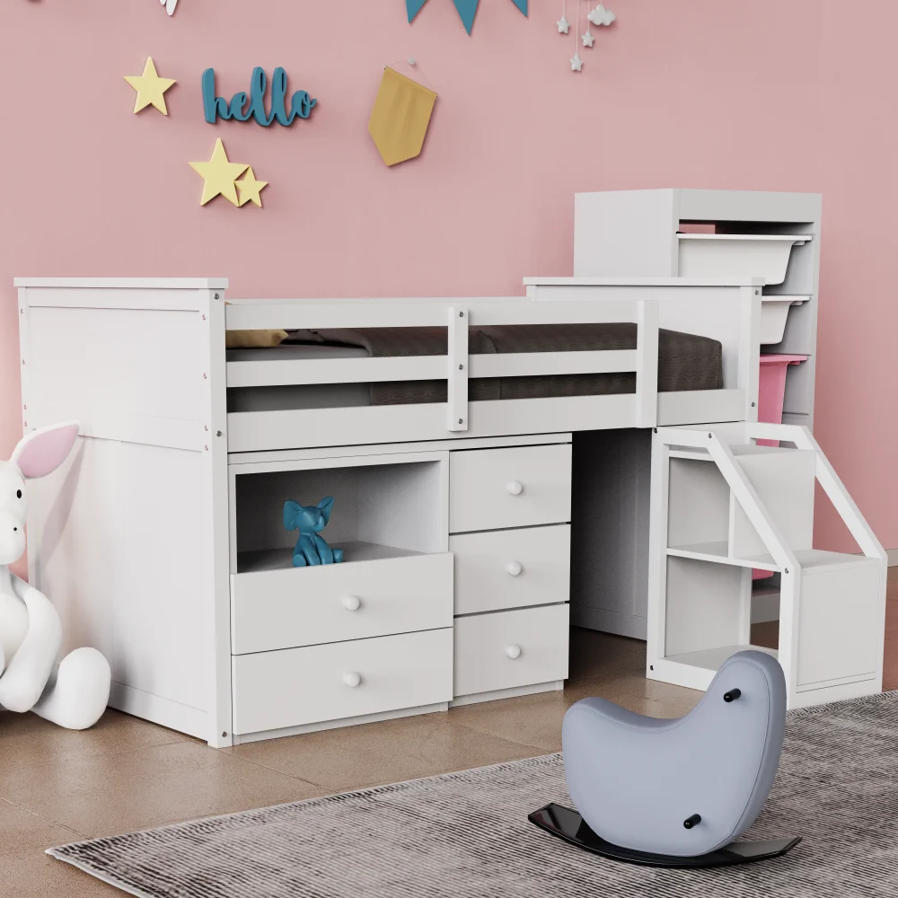 Loft Bed Low Study Twin Size Loft Bed with Storage Steps and Portable,Desk