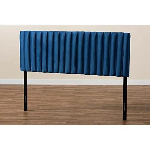Emile Modern And Contemporary Navy Blue Velvet Fabric Upholstered And Dark Brown Finished Wood Queen Size Headboard