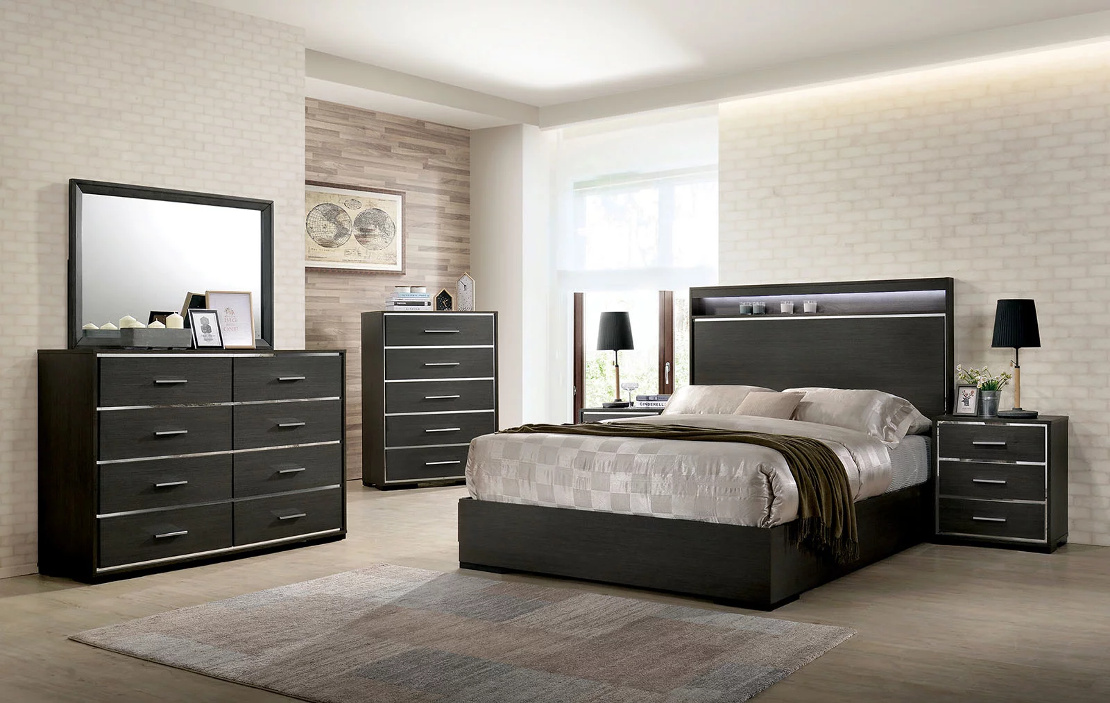 Contemporary 6pc Bedroom Set Queen Size Bed Dresser Chest Mirror Nightstands w USB Shelf LED Headboard Home Relax Furniture