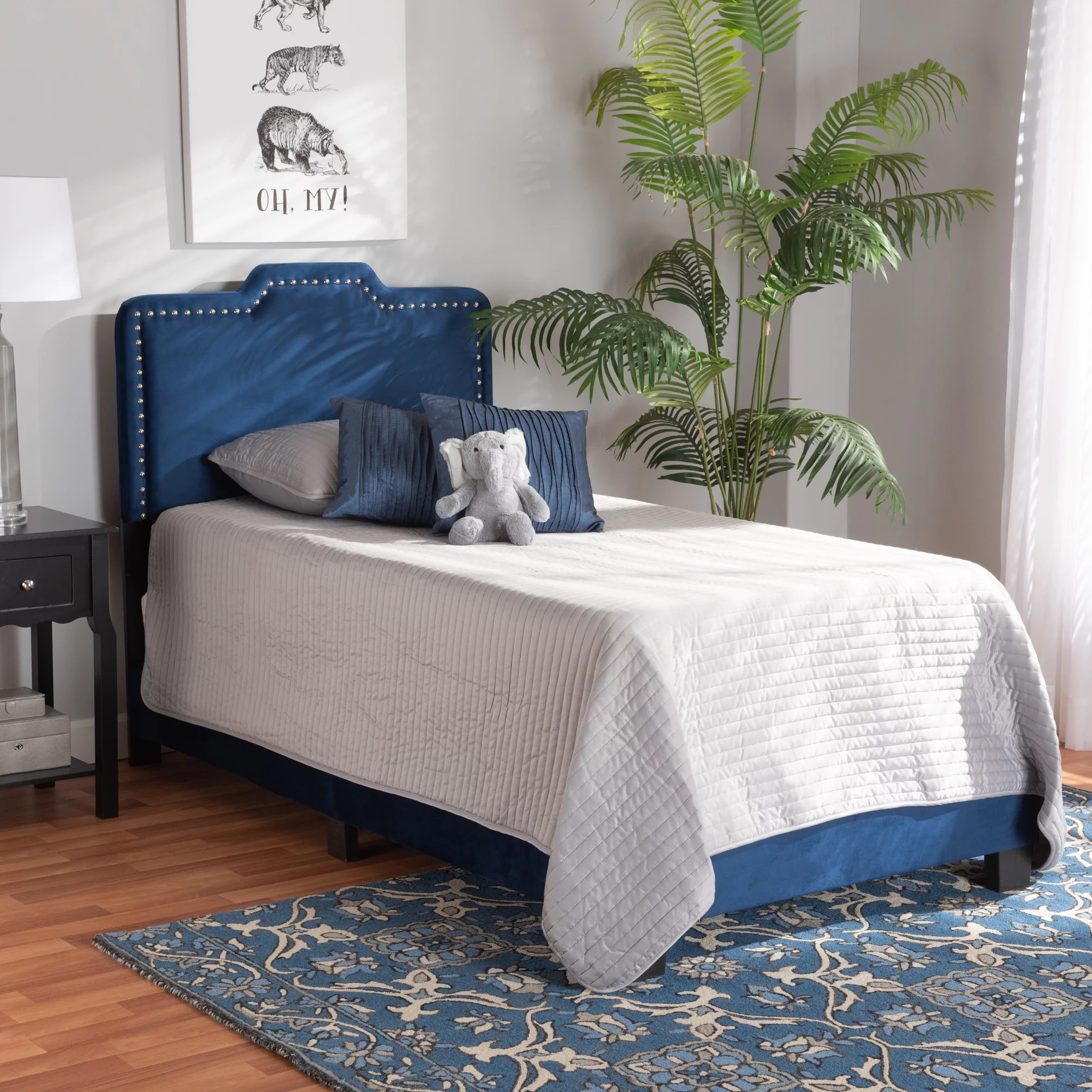 Baxton Studio Benjen Contemporary/Modern Velvet Back Support Panel Bed, Twin, Navy Blue/Black