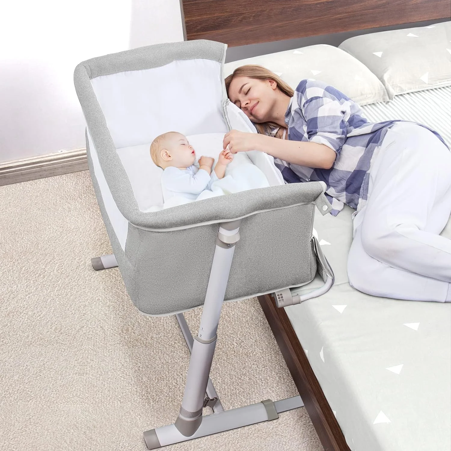 OUWI Baby Bassinet, Bedside Sleeper for Baby with Comfy Mattress, Adjustable Bedside Crib with 9 Height Positions, Easy to Assemble Bassinets for Baby