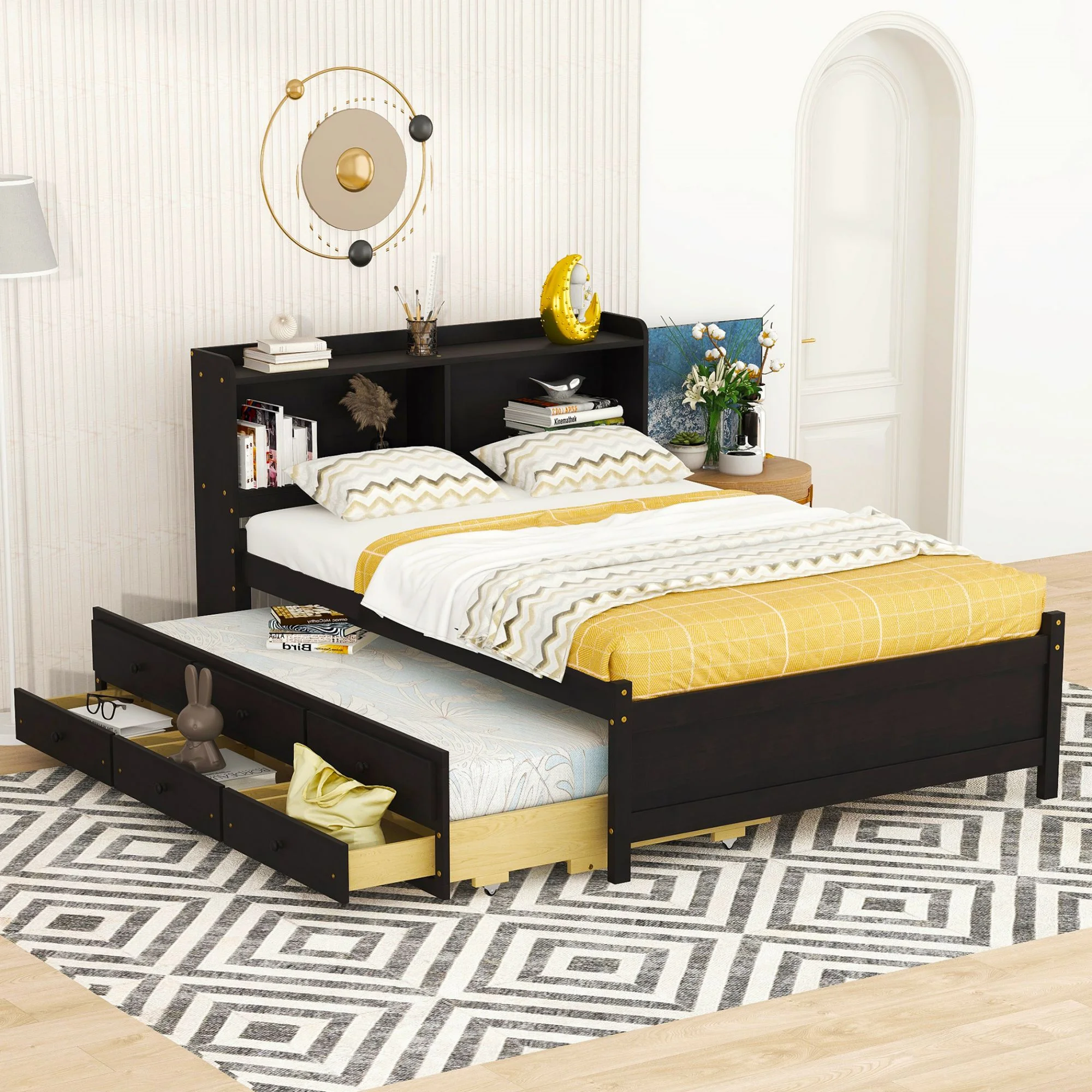 Wood Platform Bed with built-in USB ,Type-C Ports, LED light, Bookcase Headboard, Trundle and 3 Storage Drawers, Bed Frame Storage Bed w/ Wooden Slats for Boy Girl
