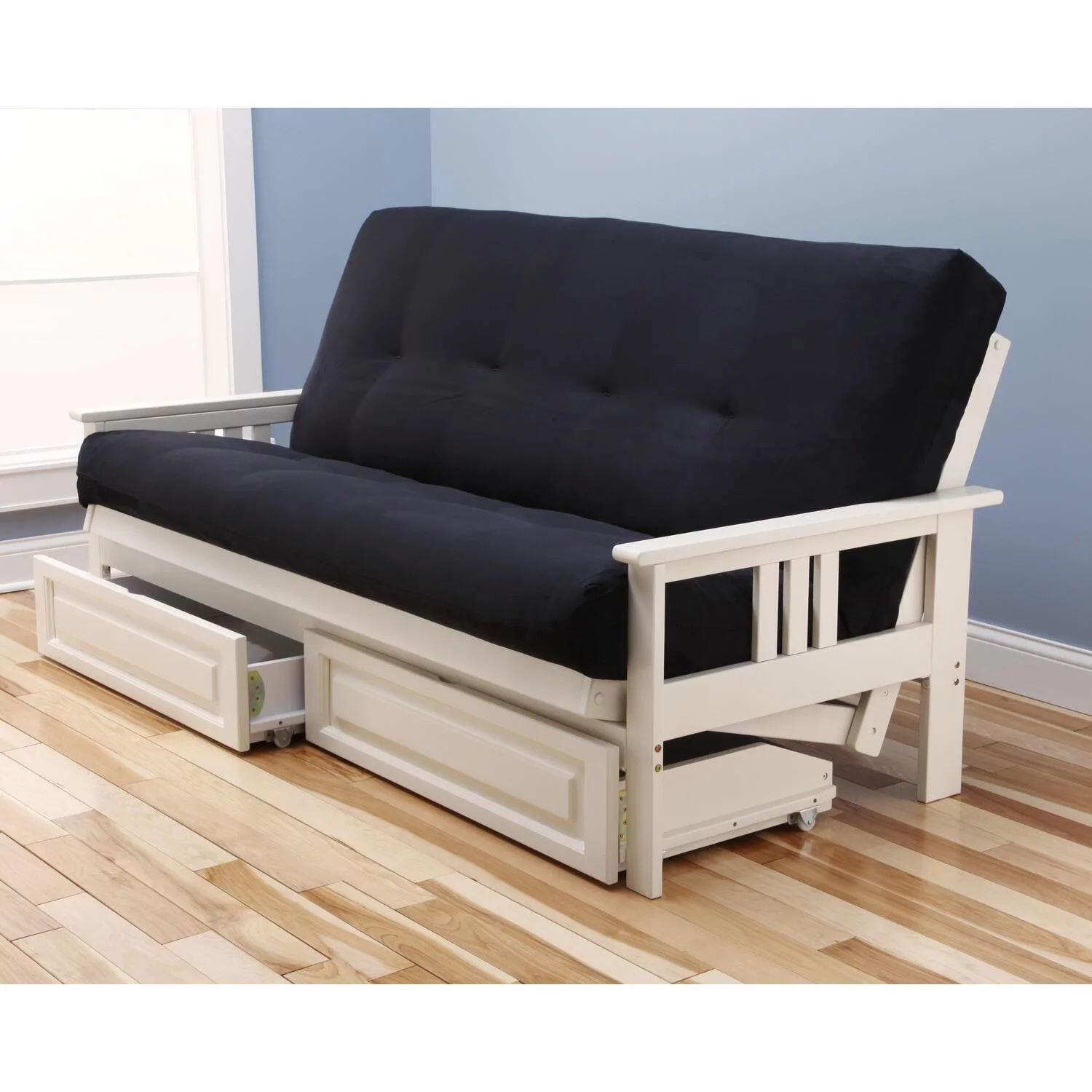 Homestock Island Oasis Full Futon Frame with Storage Drawers, Color:Antique White/Black