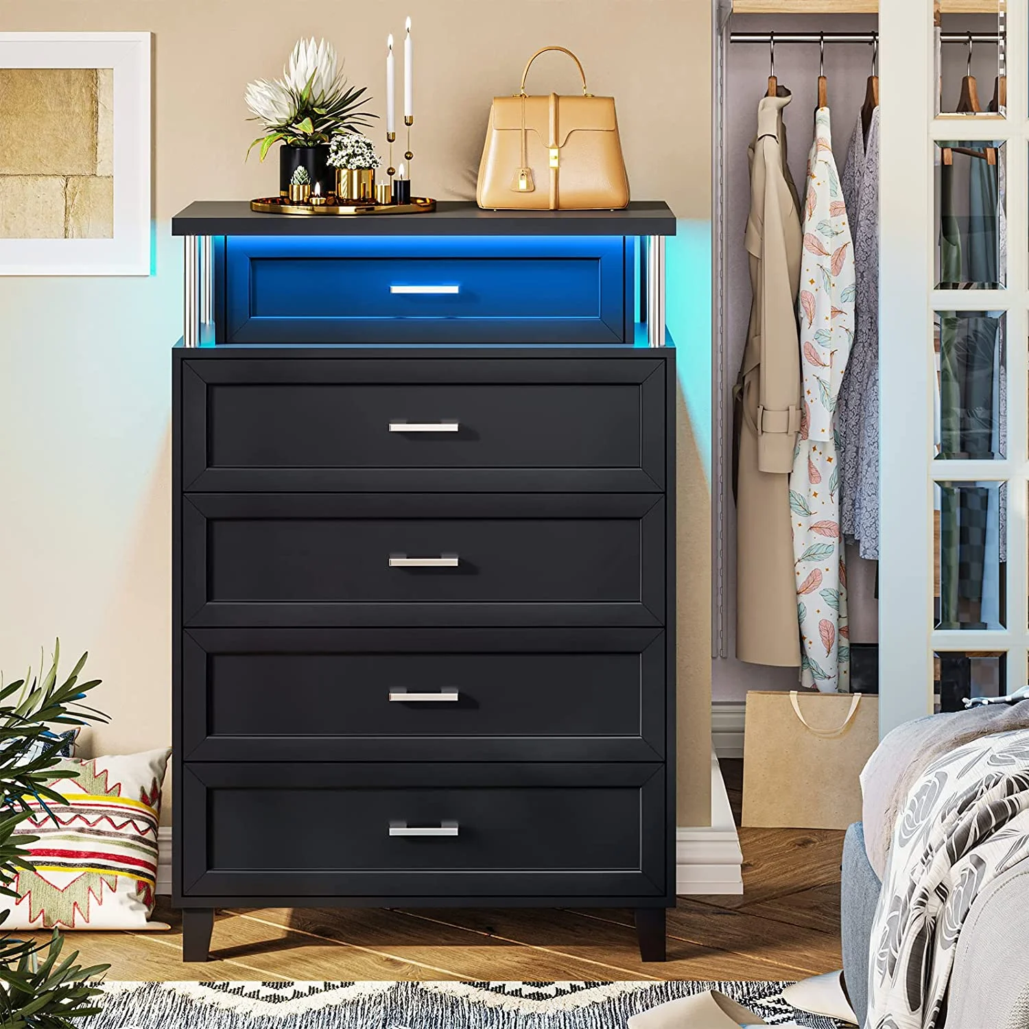 AOGLLATI 5 Drawer Dresser for Bedroom, Black Dresser with Led Light, Modern Wood Led Drawers Dresser for Bedroom,Column Design,5 Drawers Closet