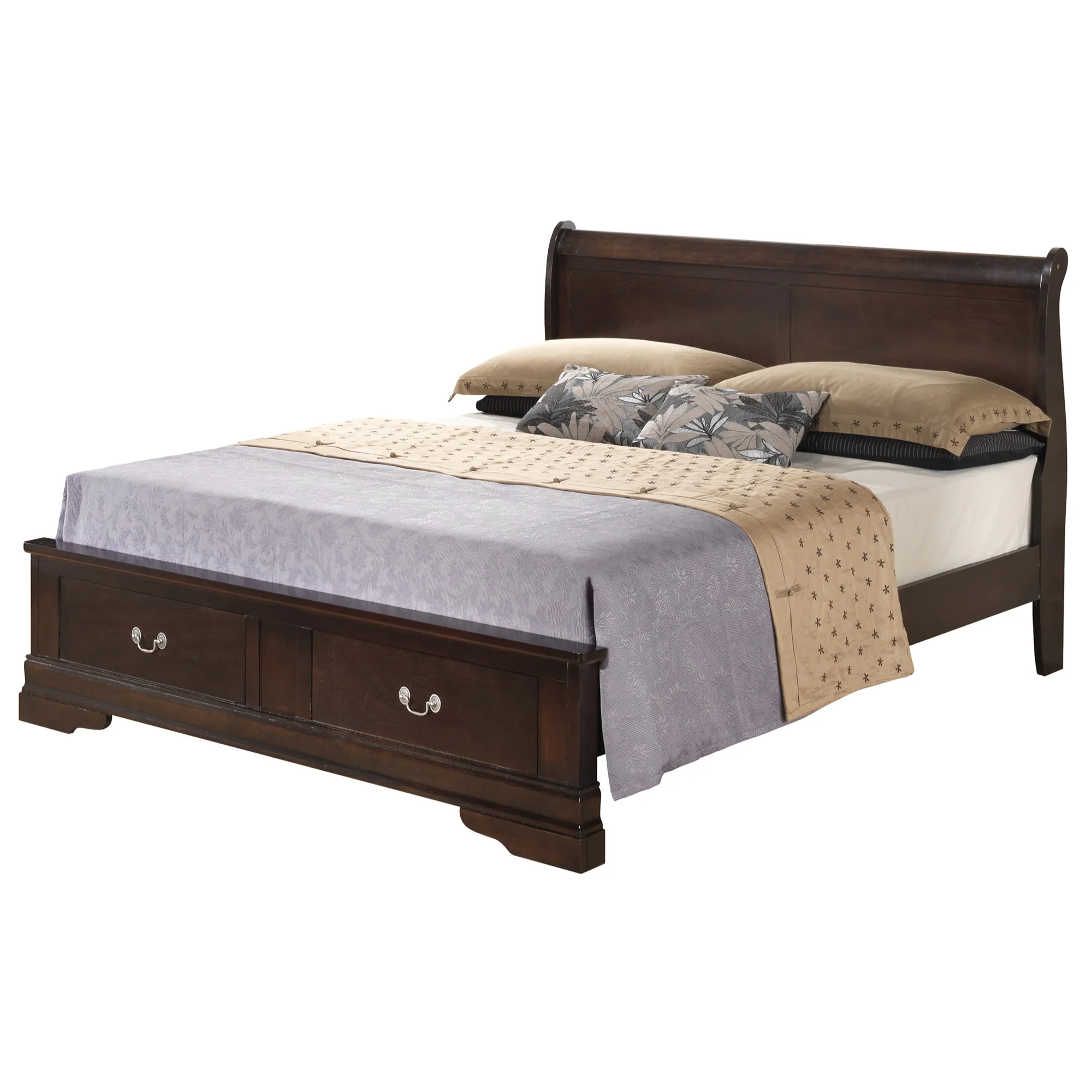 Passion Furniture Louis Philippe Cappuccino Full Storage Sleigh Bed with 2 Drawers