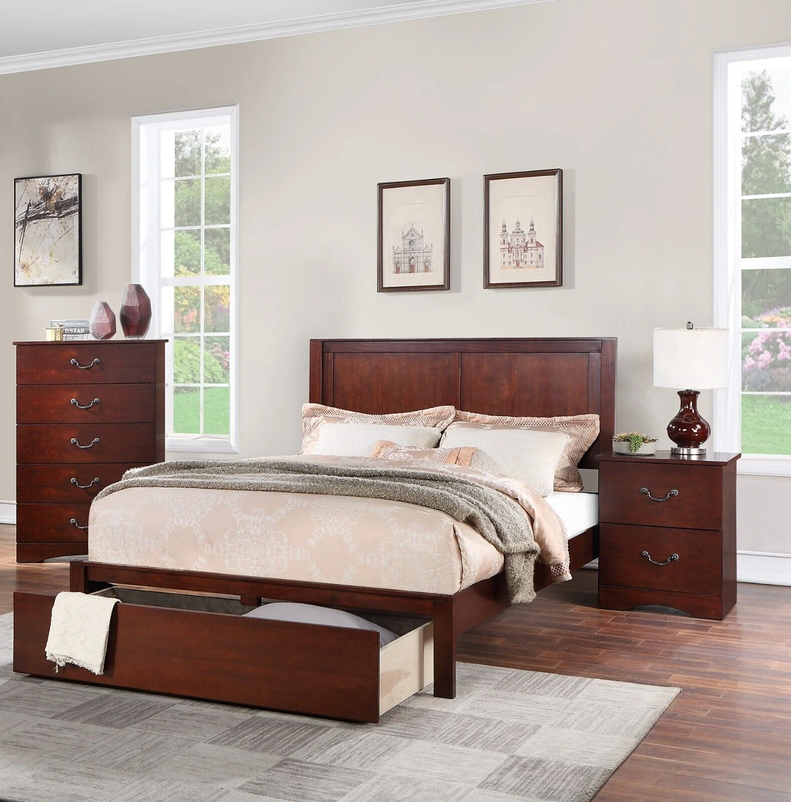 California King Size Bed And 2x Nightstands 3pc Bedroom Set Storage Underbed Drawers Footbaord Furniture Wooden Panel Headboard