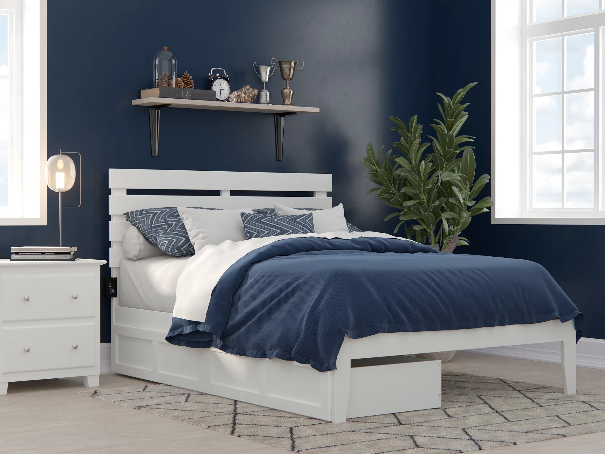 Oxford Full Bed with USB Turbo Charger and 2 Drawers in White