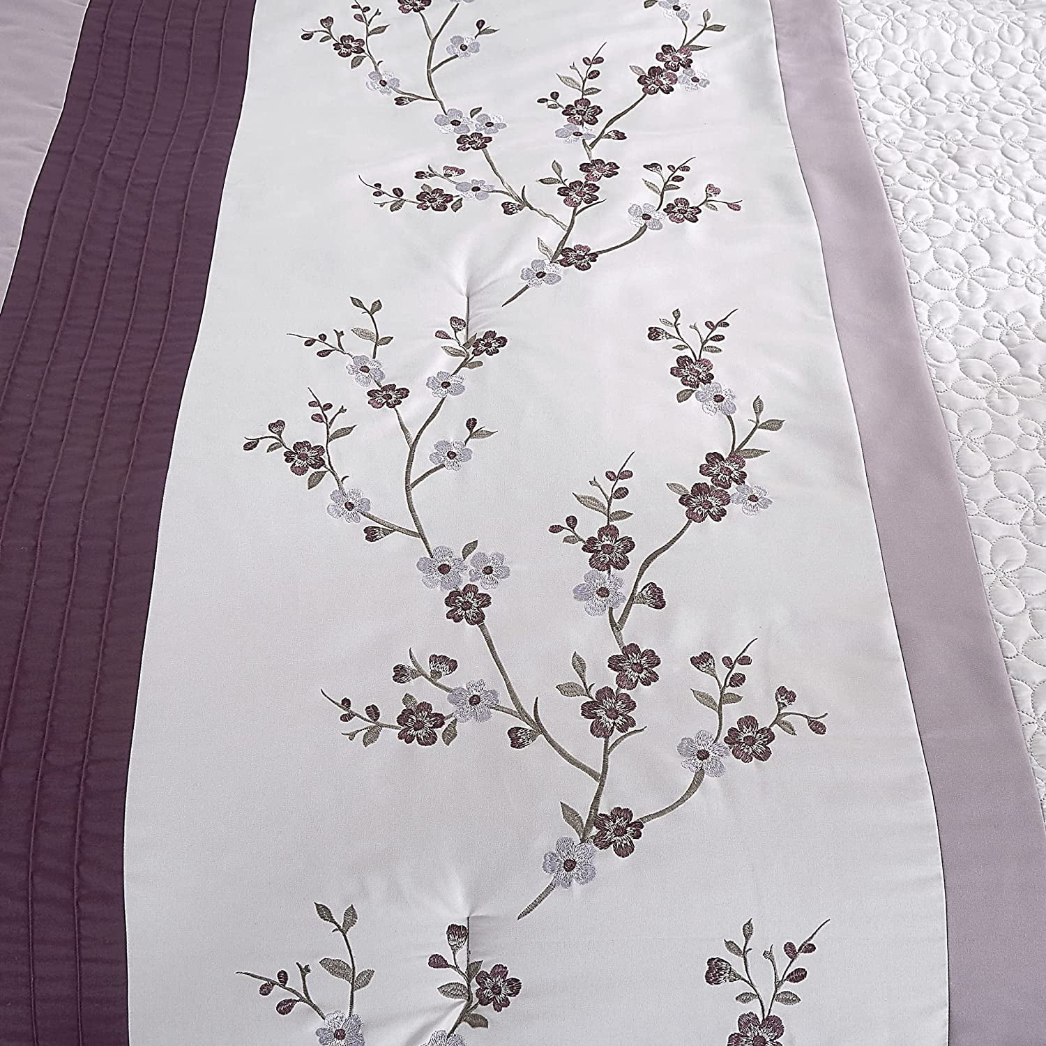 Chezmoi Collection Linnea 7-Piece Luxury Purple Cherry Blossom Floral Embroidery Bedding Comforter Set, Queen