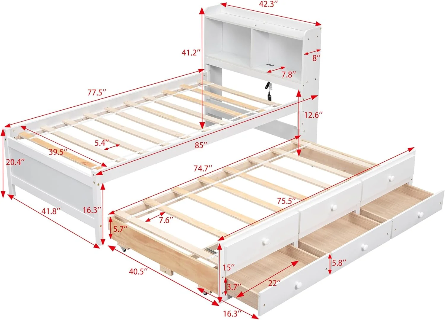 Size Bed With Bookcase Headboard, USB ,Type-C Ports Ad LED Light,Wood Bed Frames With Trudle & Storage Drawers , Storage Bed With Trudle For Kids Girls Boys ,White